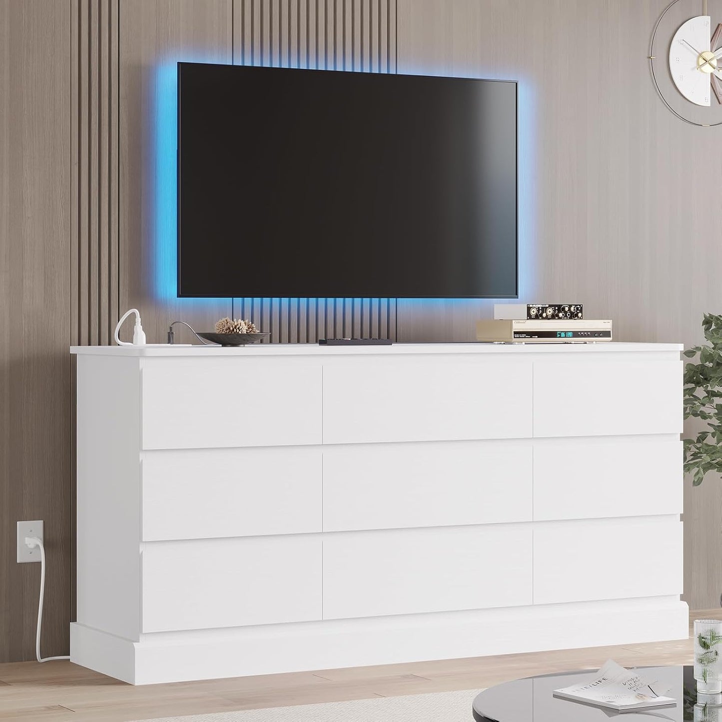 Hasuit Modern White Dresser for Bedroom with 9 Drawers, 61.4"Wide Dressers Chest of Drawer with Large Capacity Storage, Long Dresser TV Stand with Power Outlets, Sturdy Storage Cabinet for Living Room