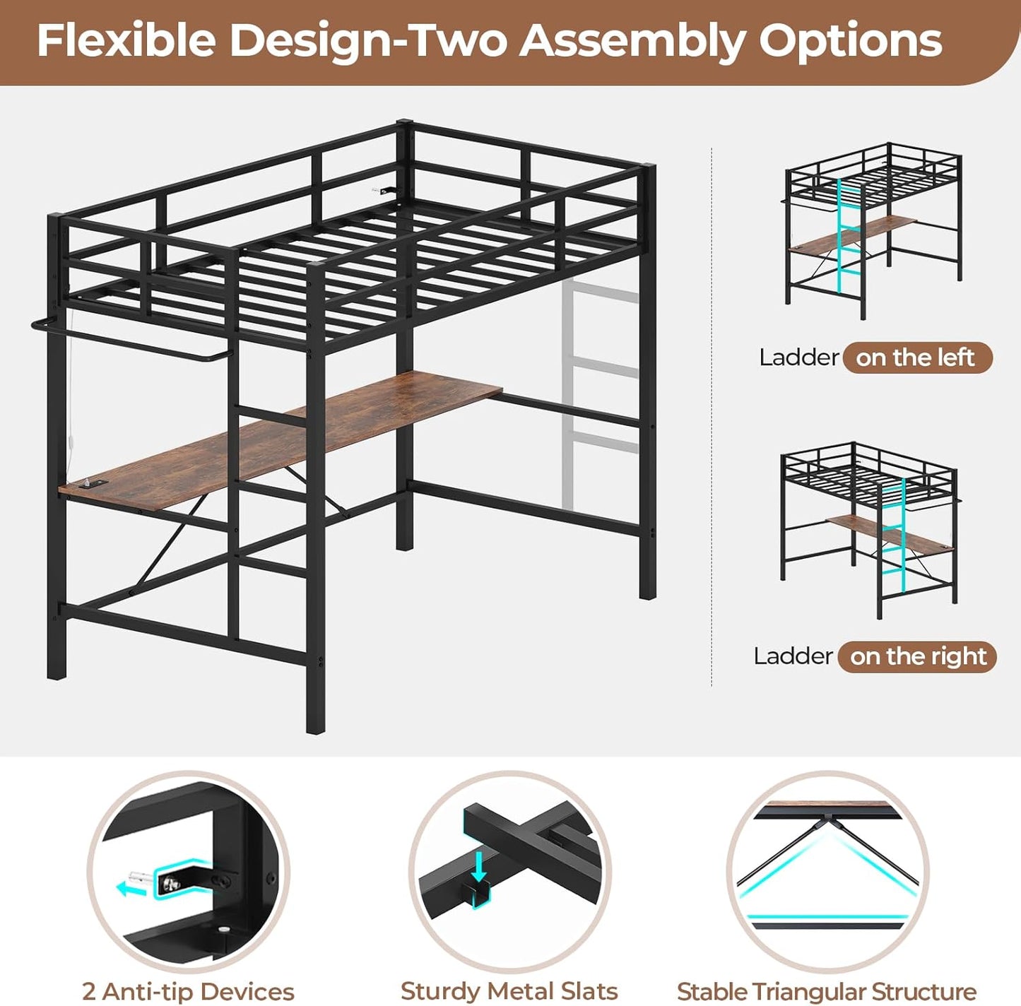 Hasuit Full Size Metal Loft Bed with Desk, LED Lights & Charging Station - Sturdy Space-Saving Bed Frame, Loft Bed Full Size Includes Safety Guard Rail & Ladder, No Box Spring Needed, Durable, Black