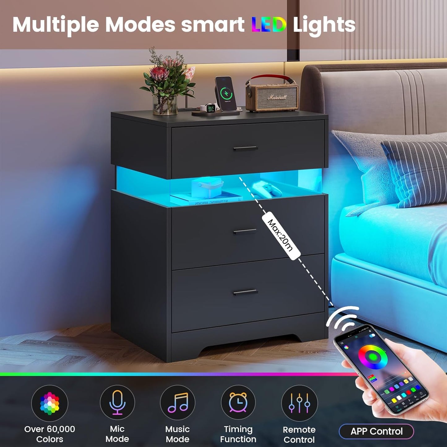 Hasuit Black Night Stand with 3 Drawers, Modern Nightstand with LED Lights and Charging Station, Bedside Tables/End Table for Bedroom