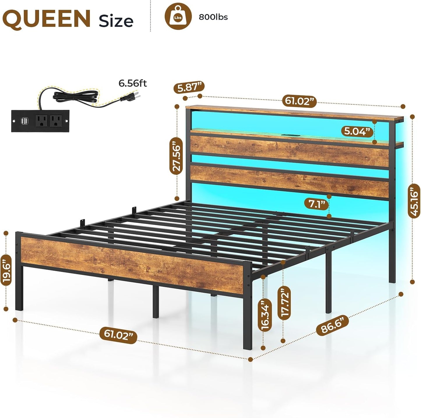 Hasuit Queen Bed Frame with Headboard, LED Lights and Charging Station, Metal Platform Bed Queen Size with Heavy Duty Slats, Under Bed Storage, Fast Assembly, No Box Spring Needed, Noise Free