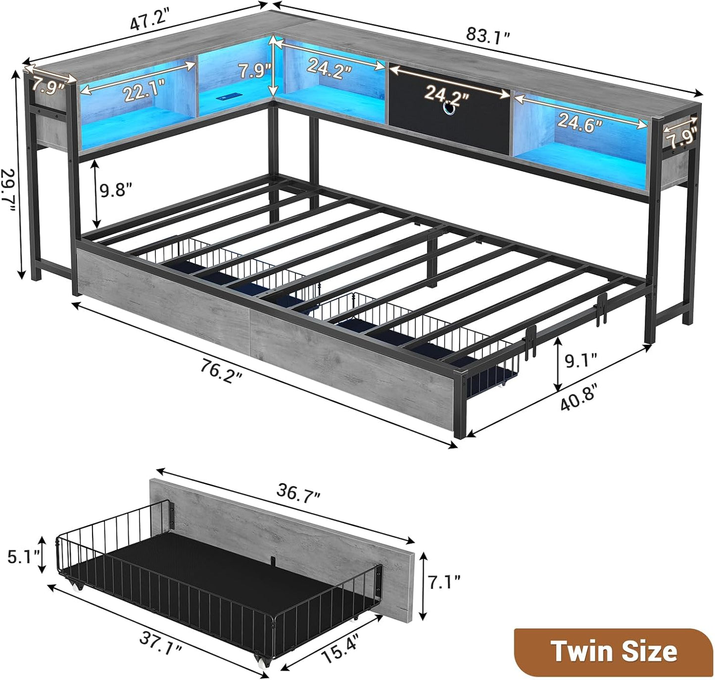 Hasuit Kids Corner Twin Bed with Storage, Charging & LED Light