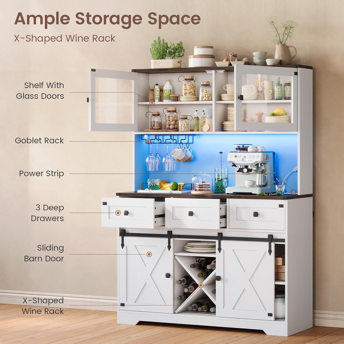 DICTAC Buffet Cabinet with Storage and Charging Station Coffee Bar Station with LED Light Farmhouse Kitchen Sideboard Cabinets with Hutch,Wine Cabinet with Sliding Barn Door and Wine Glass Rack,White