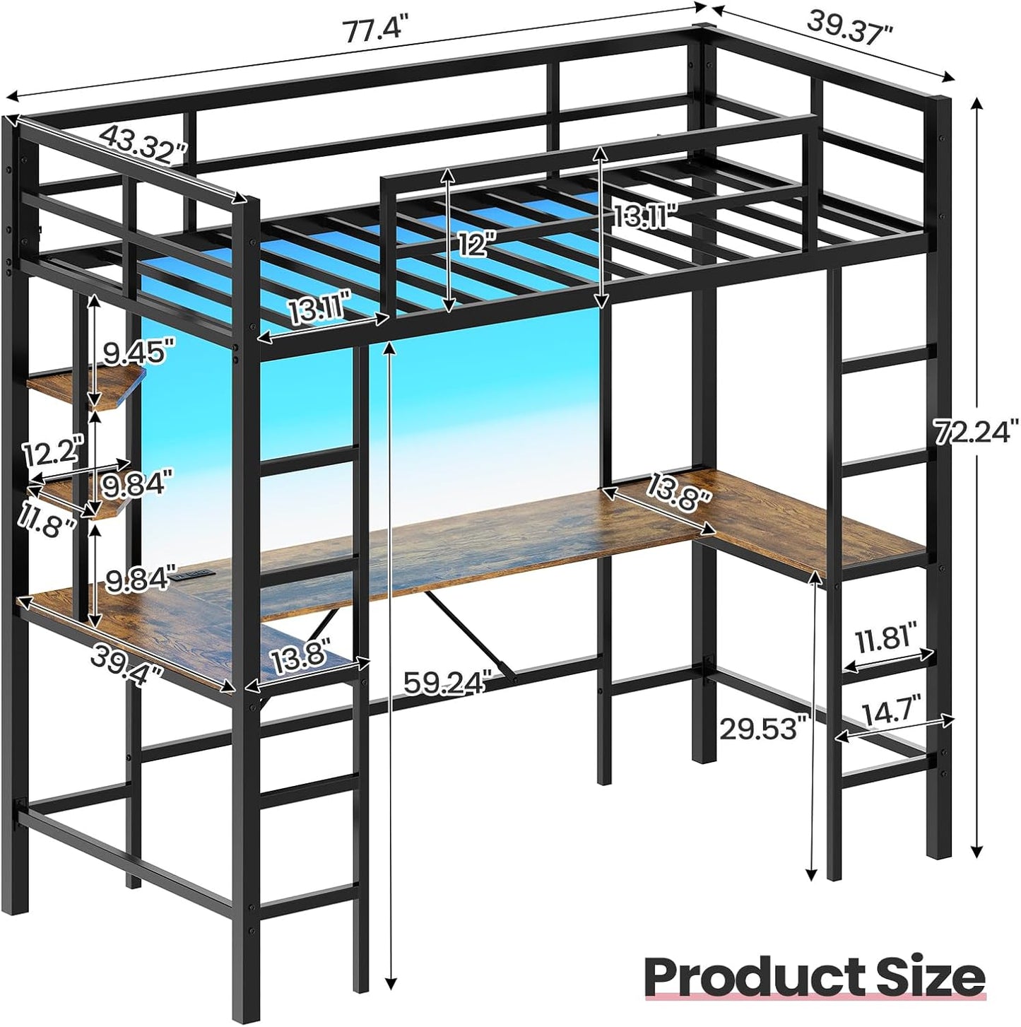 Hasuit Twin Size Loft Bed with Desk U-Shaped | Heavy Duty Metal Frame & Built-in Charging Station | RGB APP-Controlled LED Lights, Safety Guardrails + Open Shelves | No Box Spring Needed, Black