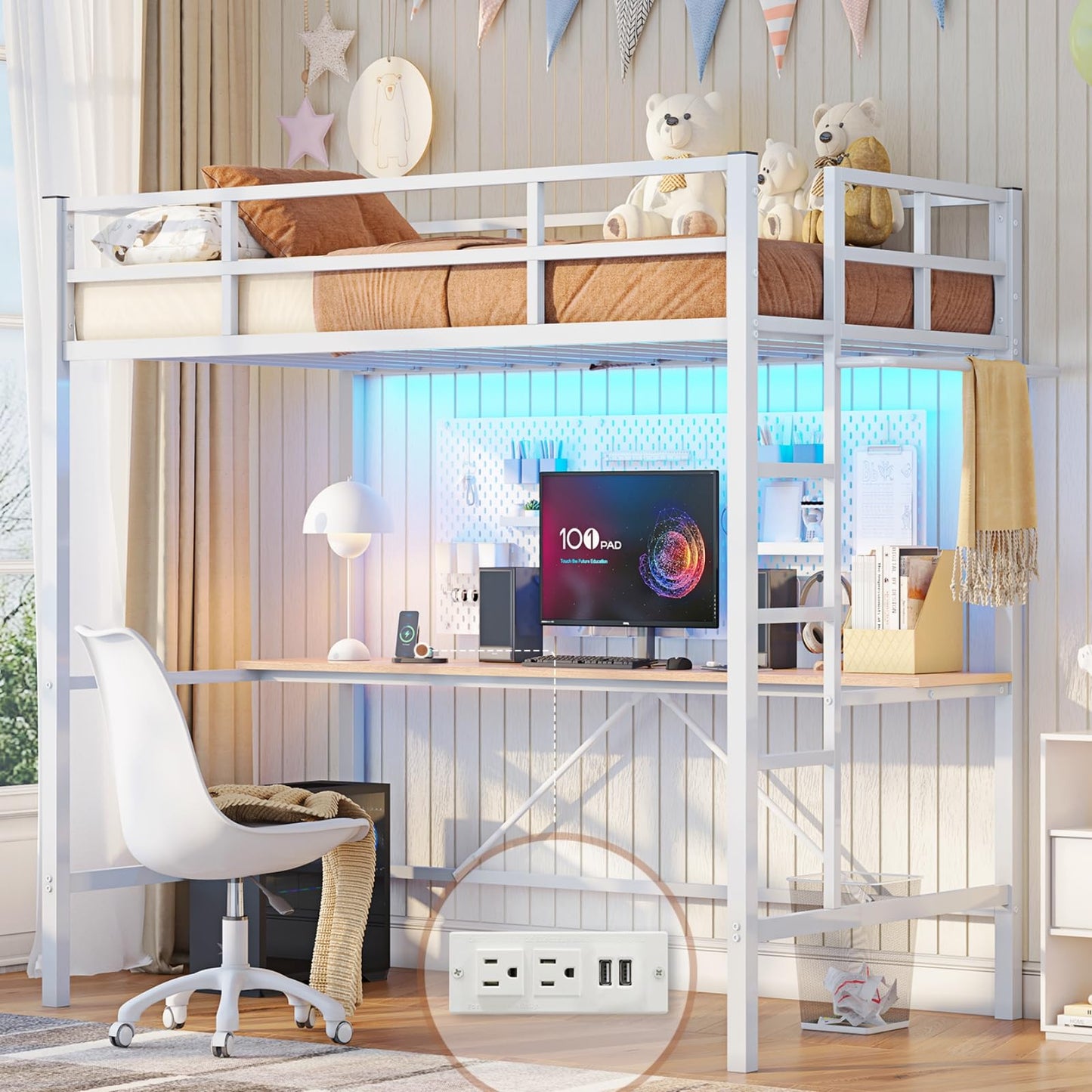 Hasuit Full Size Metal Loft Bed with Desk, LED Lights & Charging Station - Sturdy Space-Saving Bed Frame, Loft Bed Full Size Includes Safety Guard Rail & Ladder, No Box Spring Needed, Durable, Black
