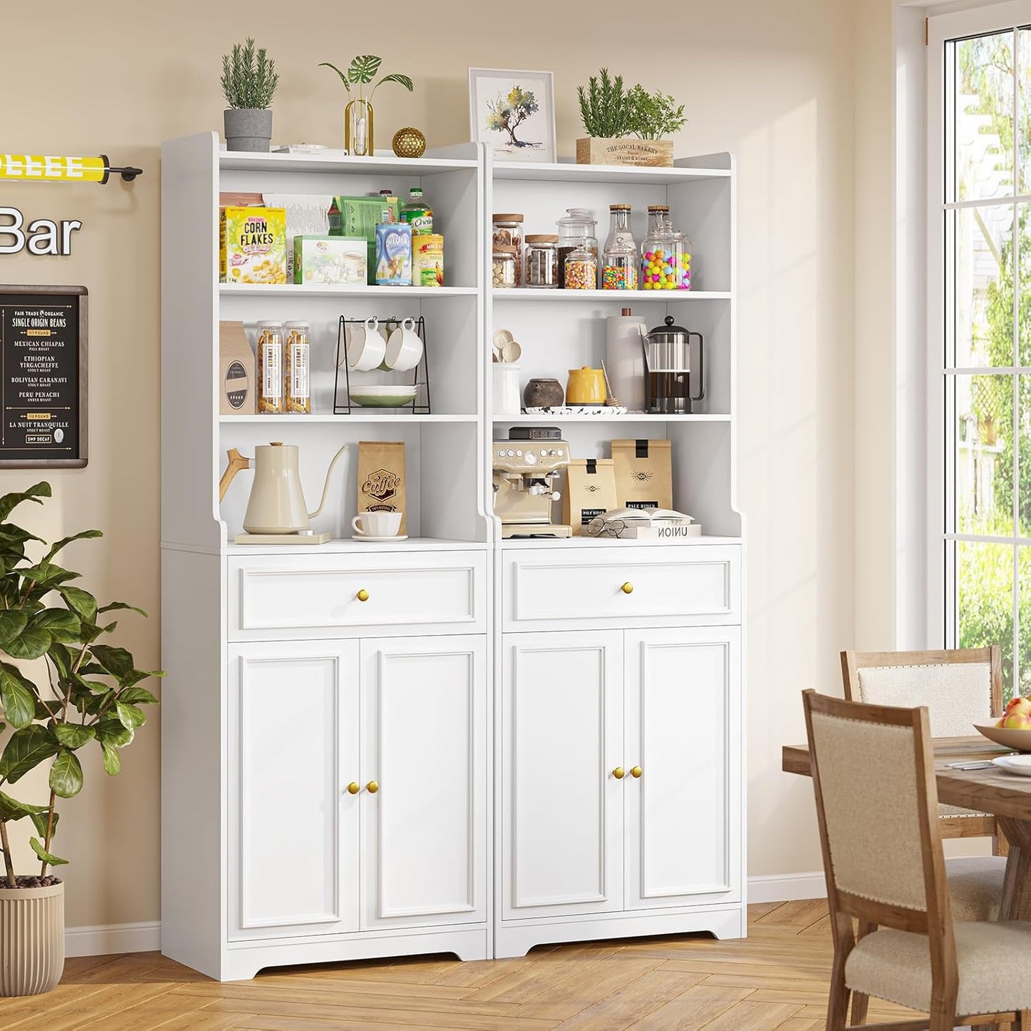 DICTAC Bookcase with Drawer and Doors 73.23''Tall Bookshelf with storage Shelves Freestanding Storage Cabinet with Microwave Space Storage Organizer Cupboard for Home Office,Living Room,Bathroom,White