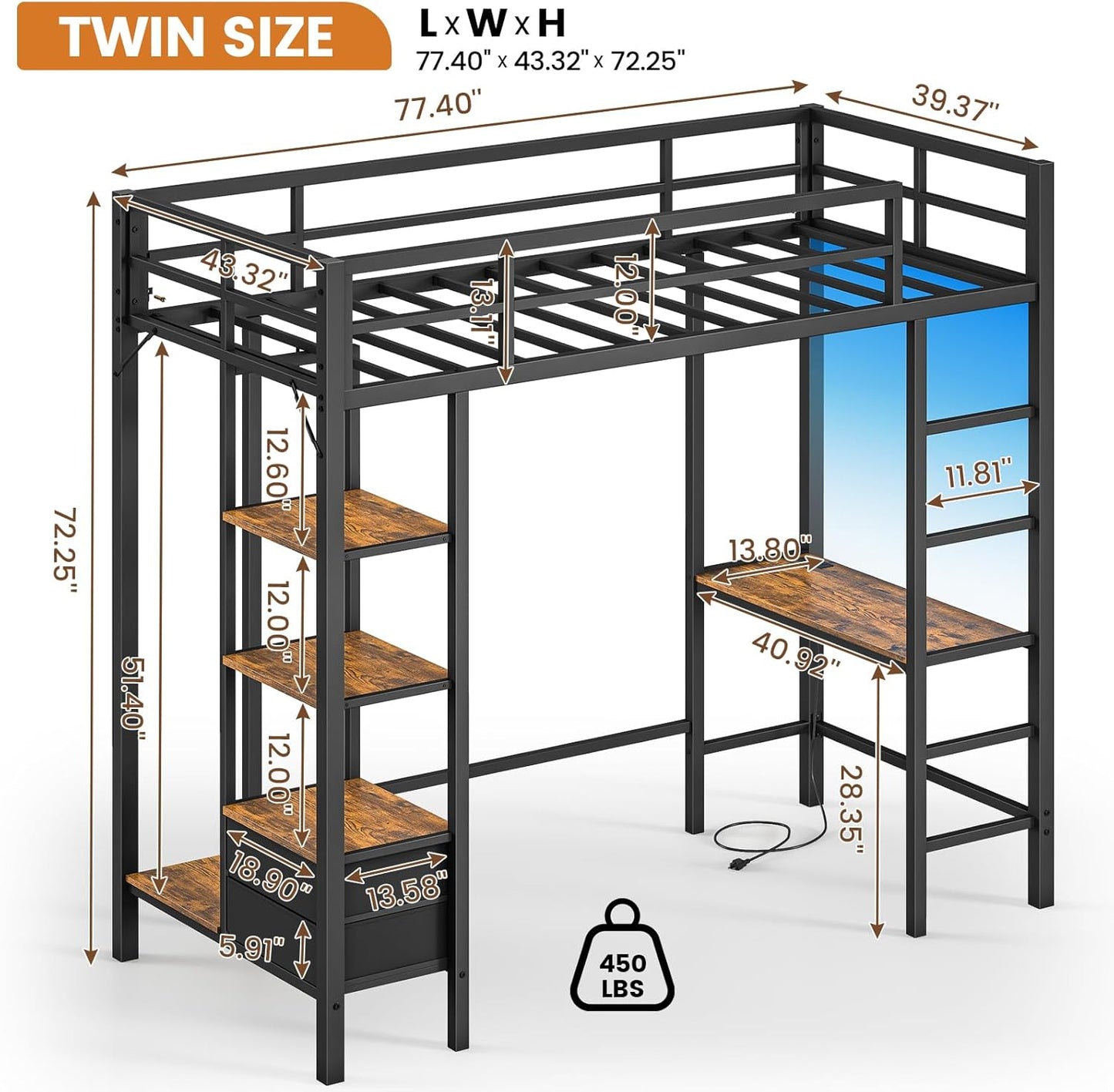 Hasuit Loft Bed Twin Size with Desk and Charging Station Metal Twin Loft Bed with LED Lights, 4 Storage Shelves & 2 Fabric Drawers, Twin Size Loft Bed with Safety Guard, Clothes Rail & Ladder, Black
