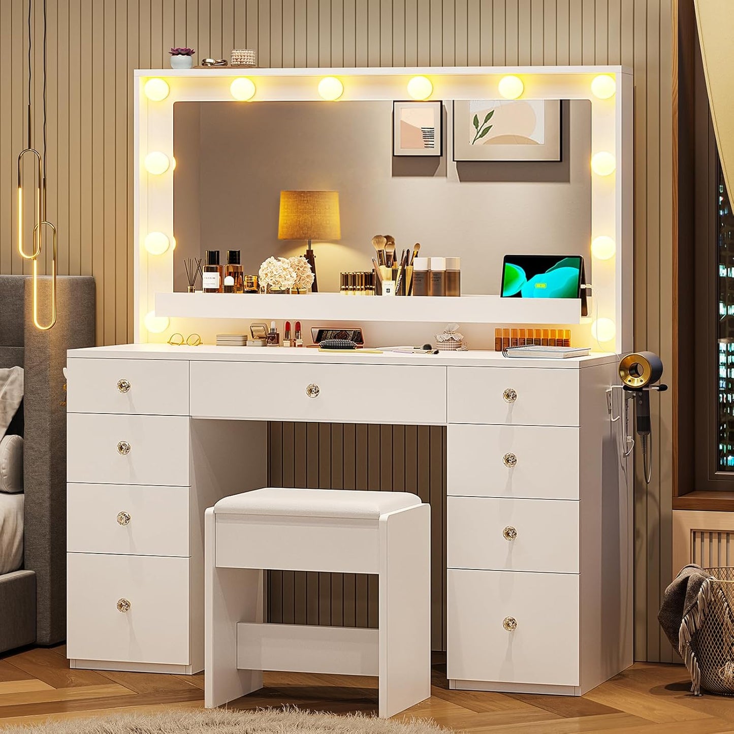 Hasuit Makeup Vanity Desk with Large Lighted Mirror and 9 Drawers, Large Vanity Desk with Storage Rack, Hook, Crystal Handle, White Bedroom Dressing Table Set with Charging Station, Lights Adjustable