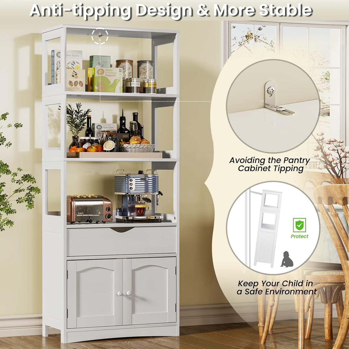 DICTAC Kitchen Pantry Storage Cabinets Freestanding Tall Bathroom Cabinet with Shelves and Drawer 64''H Sideboard Microwave Space Cupboard Organizer for Home Office,White, 23.62x13x64.06inch