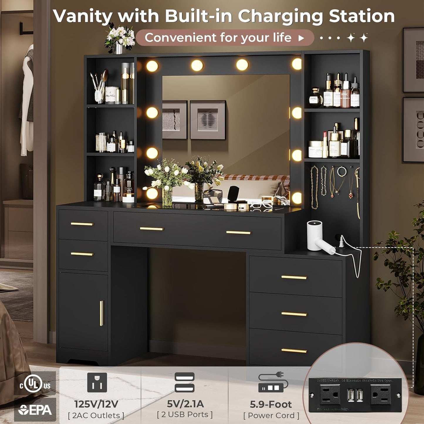 Hasuit 48.8'' Large Vanity Desk with Lighted Mirror & Power Outlet, Black Makeup Vanity Table with 6 Drawers, 4 Shelves and 1 Storage Cabinet, Glass Tabletop Bedroom Dressing Table, 3 Lighting Modes