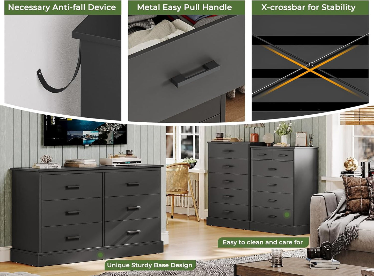 Hasuit Black Dresser for Bedroom, 5 Drawer Dresser with Sturdy Base, Wooden Large Capacity Storage Cabinet, Tall Chest of 5 Drawers for Closet, Living Room, Hallway