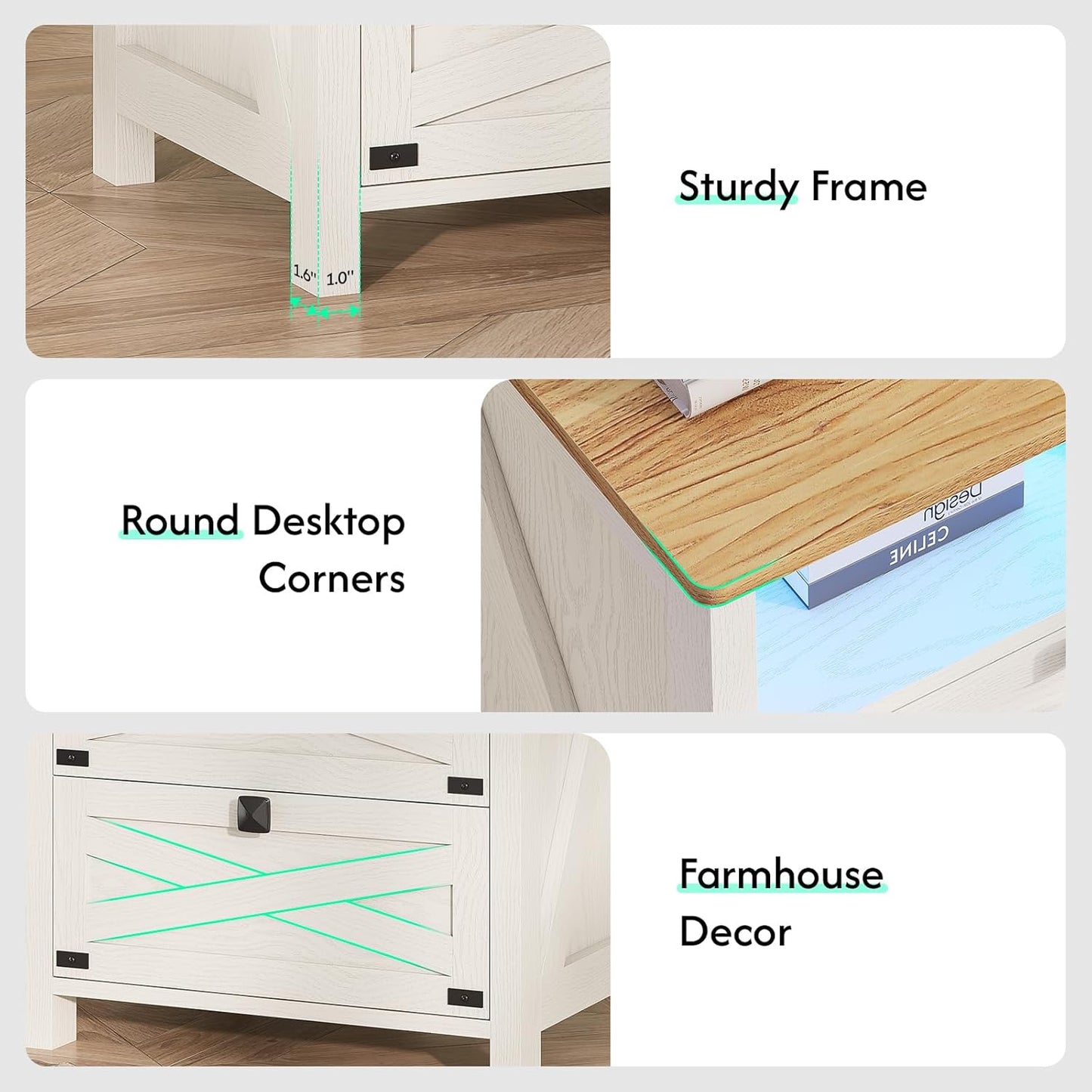 Hasuit Farmhouse Night Stand for Bedroom, Rustic Vintage White Nightstand with Charging Station and LED Lights, Bedside Table with 2 Drawers and Open Cubby, Retro Side End Side with Storage