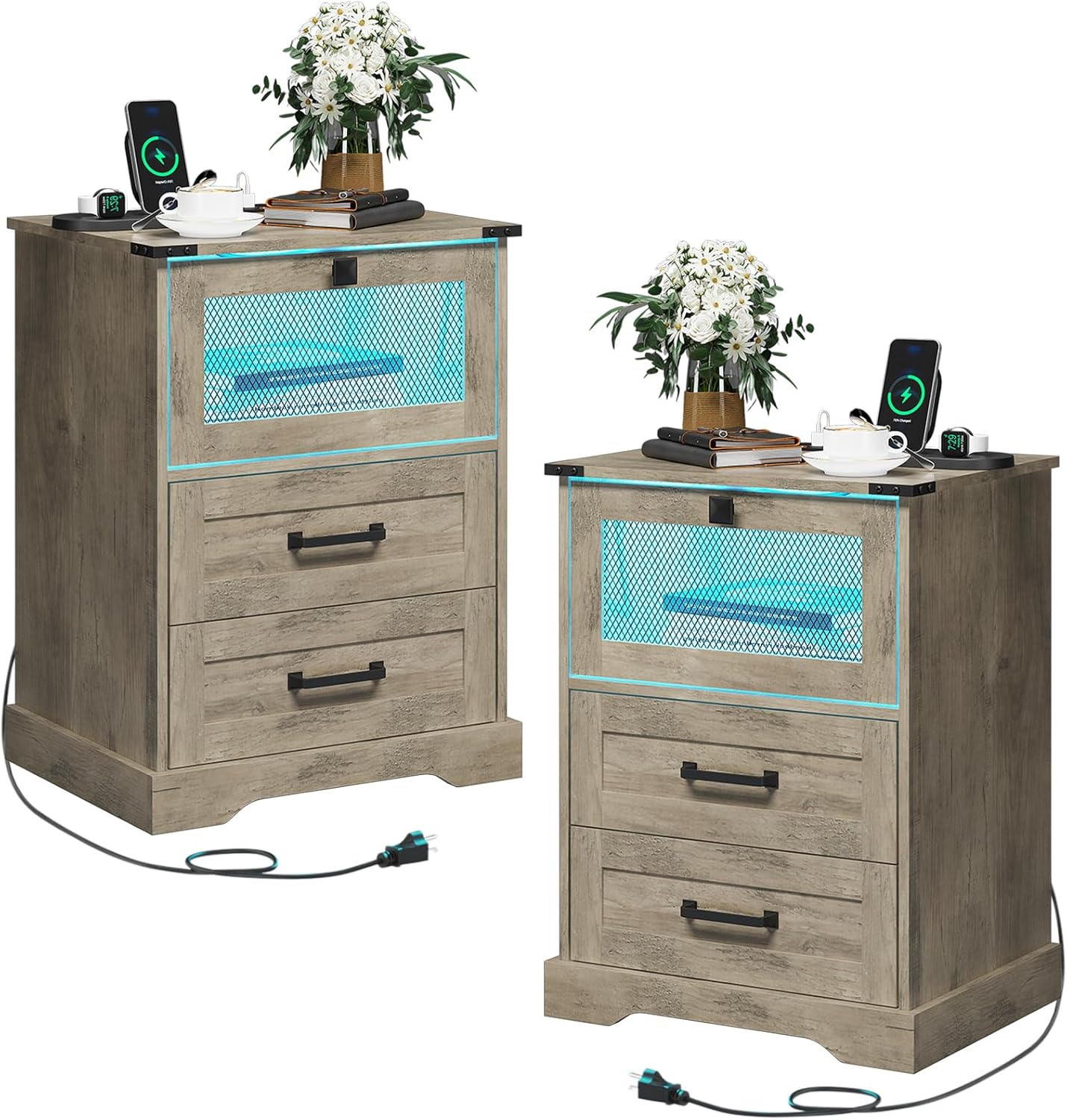 Hasuit Farmhouse Night Stand Set of 2 with LED Lights and Charging Station, Rustic Oak Nightstand with 2 Drawers, and Cubby with Wire Mesh Door, Bedside End Table for Bedroom