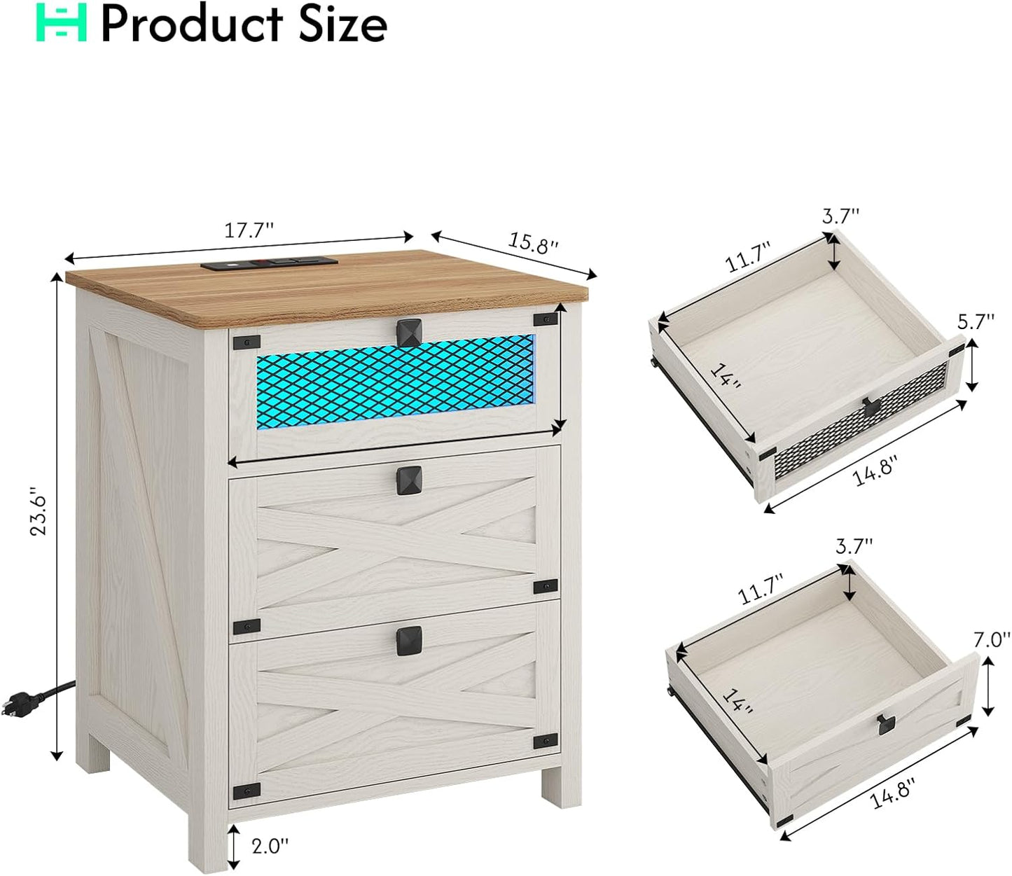 Hasuit Farmhouse Night Stand for Bedroom, Rustic Vintage White Nightstand with Charging Station and LED Lights, Bedside Table with 3 Drawers, Retro Side End Table with Storage