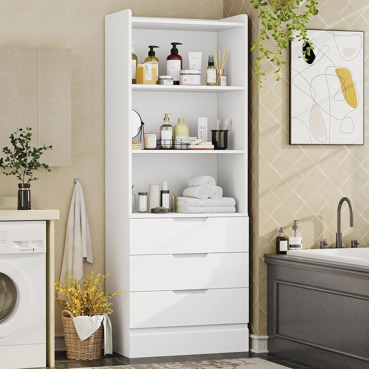 DICTAC 73.23'' Tall Storage Cabinet Bookcase with 3 Drawers and 3-Tier Open Shelves Wooden Bookshelf Kitchen Pantry Storage Organizer Cabinets for Living Room, Study, Kitchen,Bathroom,White