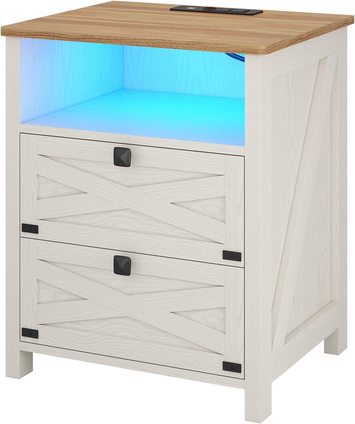 Hasuit Farmhouse Night Stand for Bedroom, Rustic Vintage White Nightstand with Charging Station and LED Lights, Bedside Table with 2 Drawers and Open Cubby, Retro Side End Side with Storage