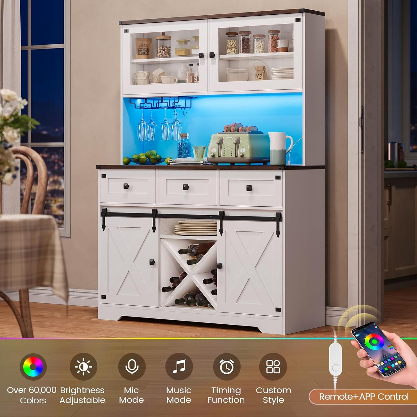 DICTAC Buffet Cabinet with Storage and Charging Station Coffee Bar Station with LED Light Farmhouse Kitchen Sideboard Cabinets with Hutch,Wine Cabinet with Sliding Barn Door and Wine Glass Rack,White
