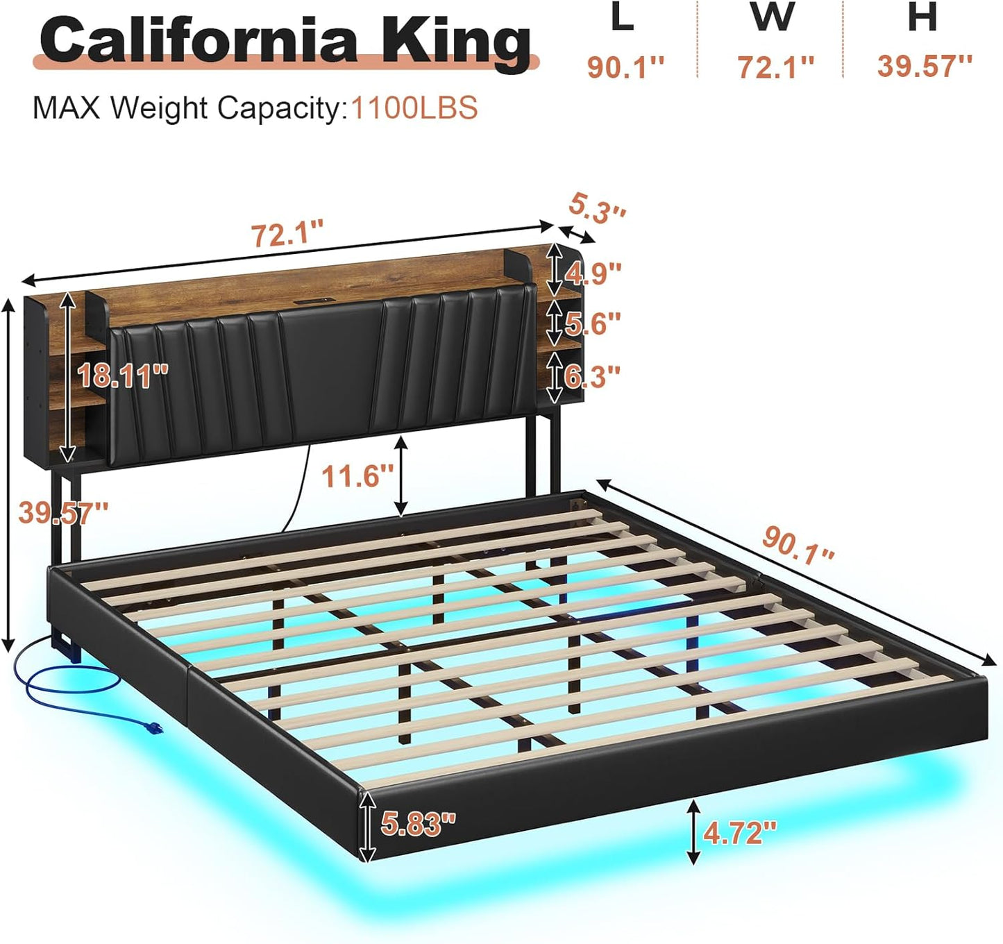 Hasuit California King Floating Led Bed Frame with Hidden Storage Headboard and Charging Station Cal King Size Visual Floating Platform Bed with Led Lights,No Box Spring Needed,Black+Rustic