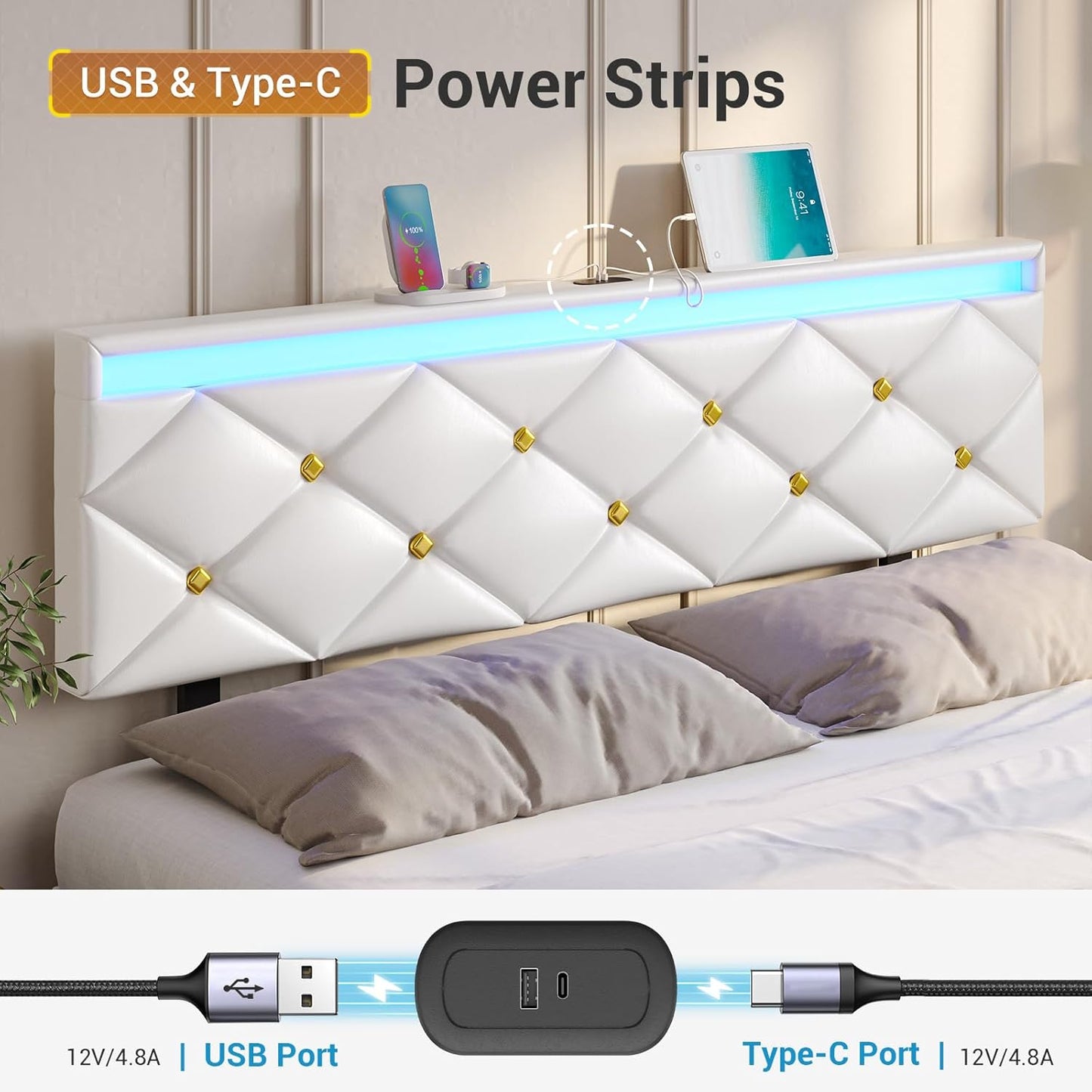 Hasuit Floating Bed Frame Queen Size with LED Lights and Charging Station, Modern Queen Platform Bed with Vegan Leather Upholstered Headboard, No Box Spring Needed, Noise Free, Easy to Assemble