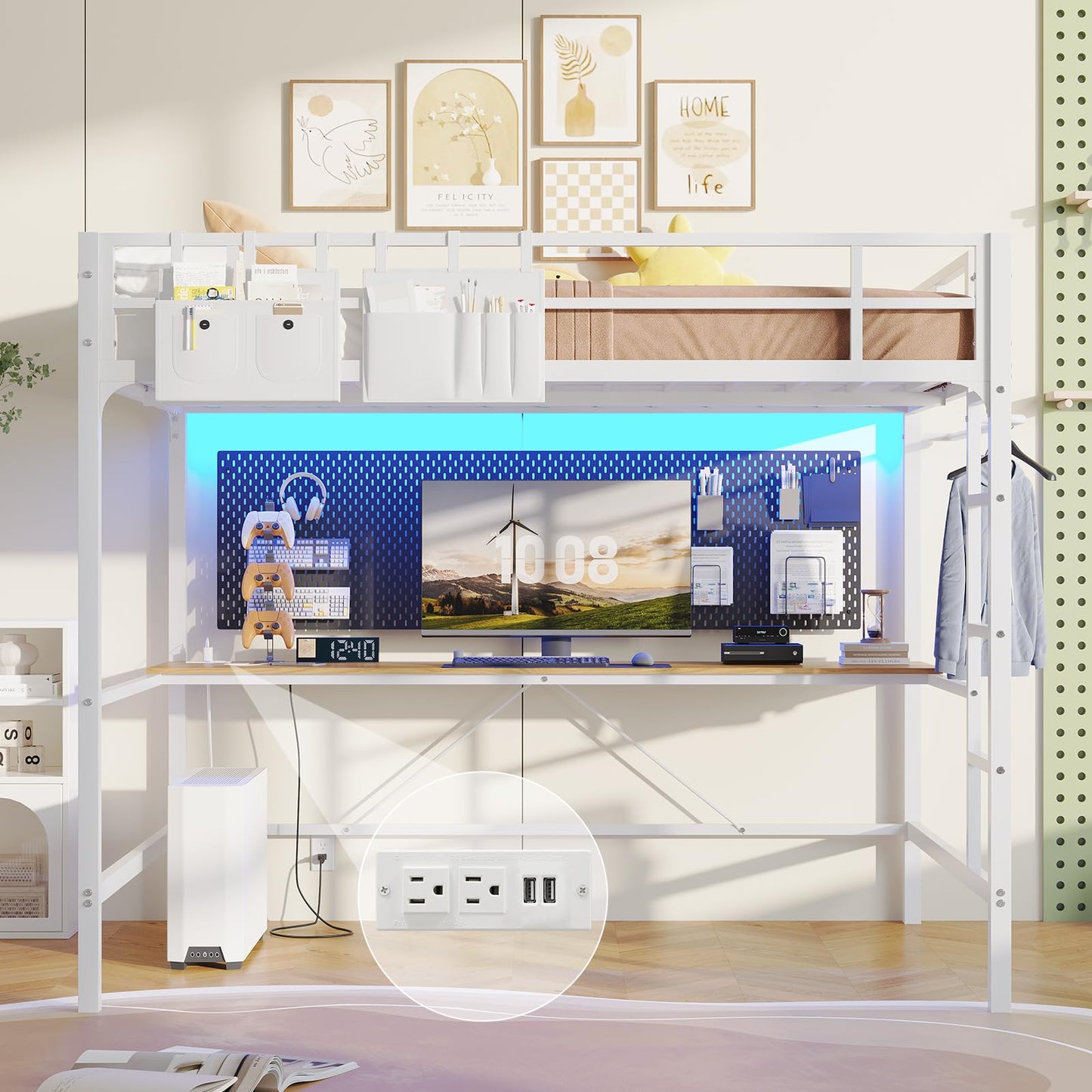 Hasuit Full Size Metal Loft Bed with Desk, LED Lights & Charging Station - Sturdy Space-Saving Bed Frame, Loft Bed Full Size Includes Safety Guard Rail & Ladder, No Box Spring Needed, Durable, Black