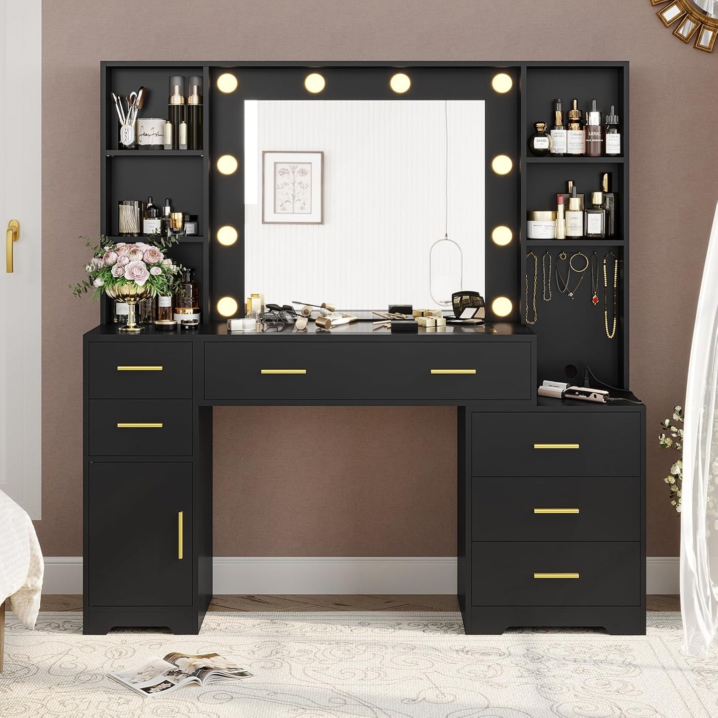 Hasuit 48.8'' Large Vanity Desk with Lighted Mirror & Power Outlet, Black Makeup Vanity Table with 6 Drawers, 4 Shelves and 1 Storage Cabinet, Glass Tabletop Bedroom Dressing Table, 3 Lighting Modes