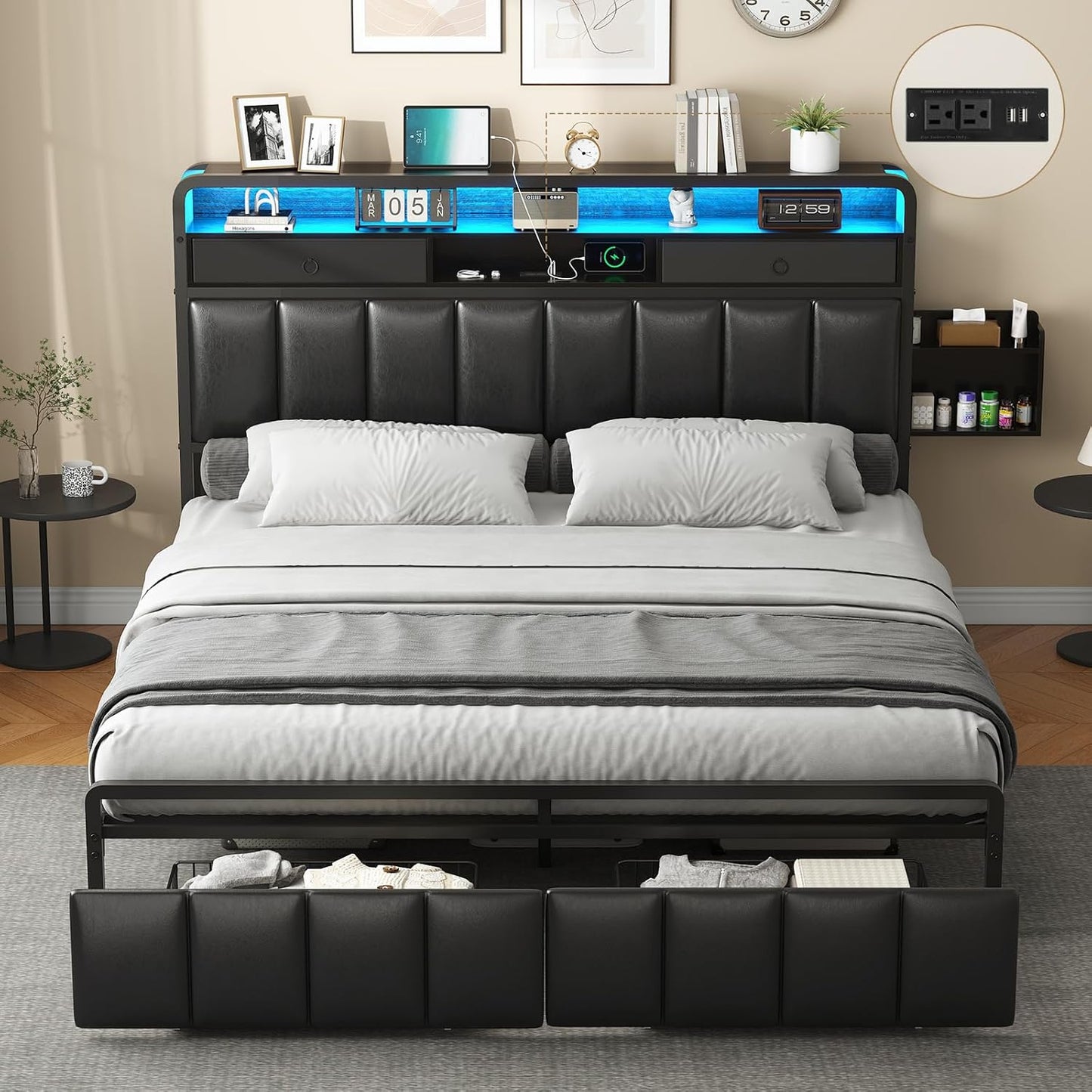 King Bed Frame with Storage Drawers, Upholstered Headboard with Hidden Storage Shelf, LED Lights and Charging Station, Metal Platform Bed Frame Queen Size, Noise Free, No Box Spring Needed
