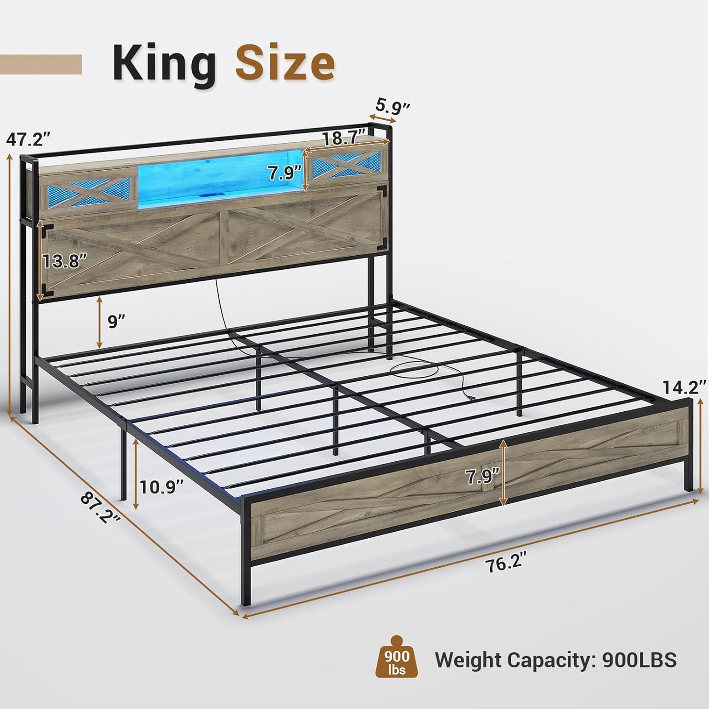 Hasuit King Bed Frame with Storage Headboard, Platform Bed King Size with Charging Station and LED Lights, Farmhouse Rustic Bed with Sliding Barn Door, Rustic Oak