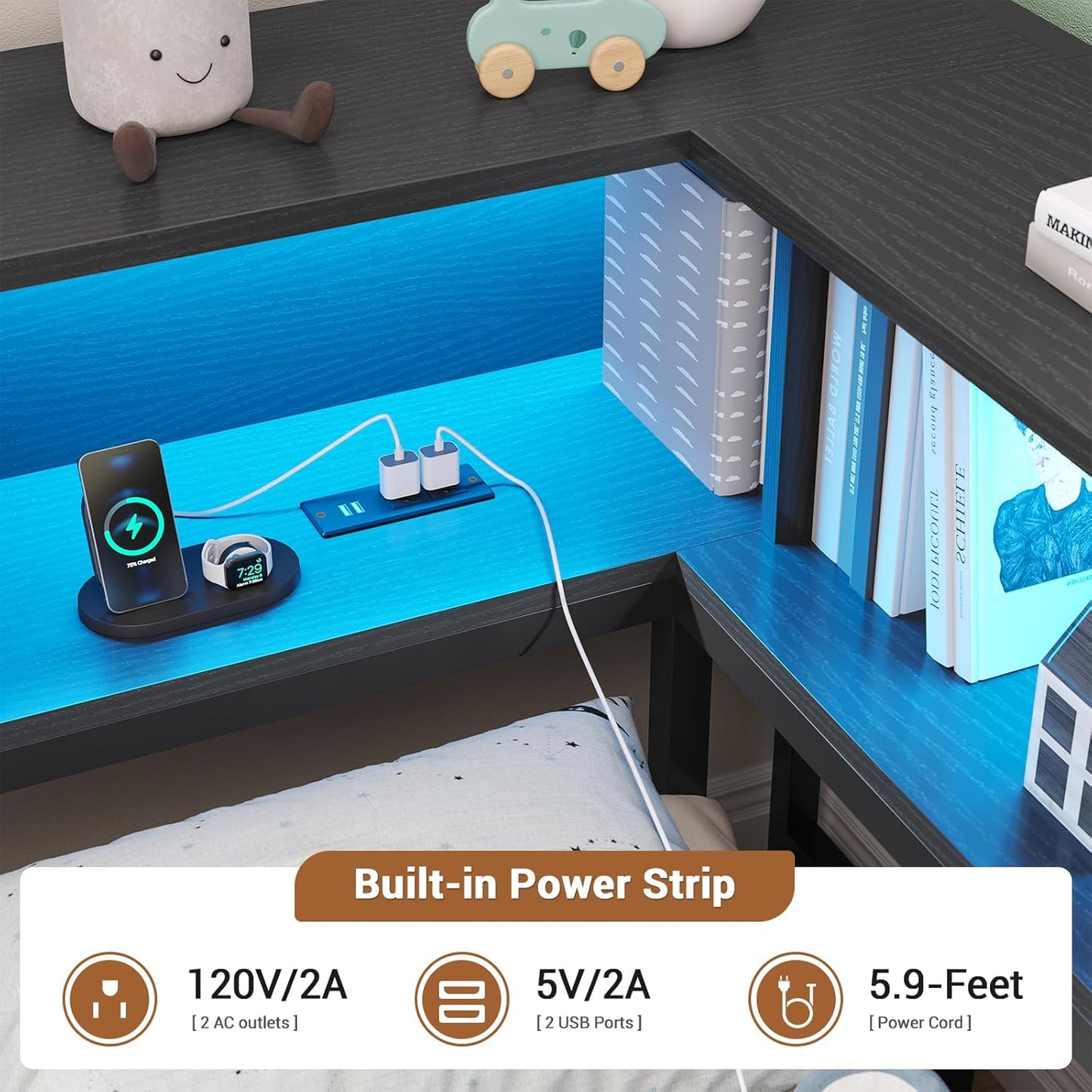 Hasuit Kids Corner Twin Bed with Storage, Charging & LED Light