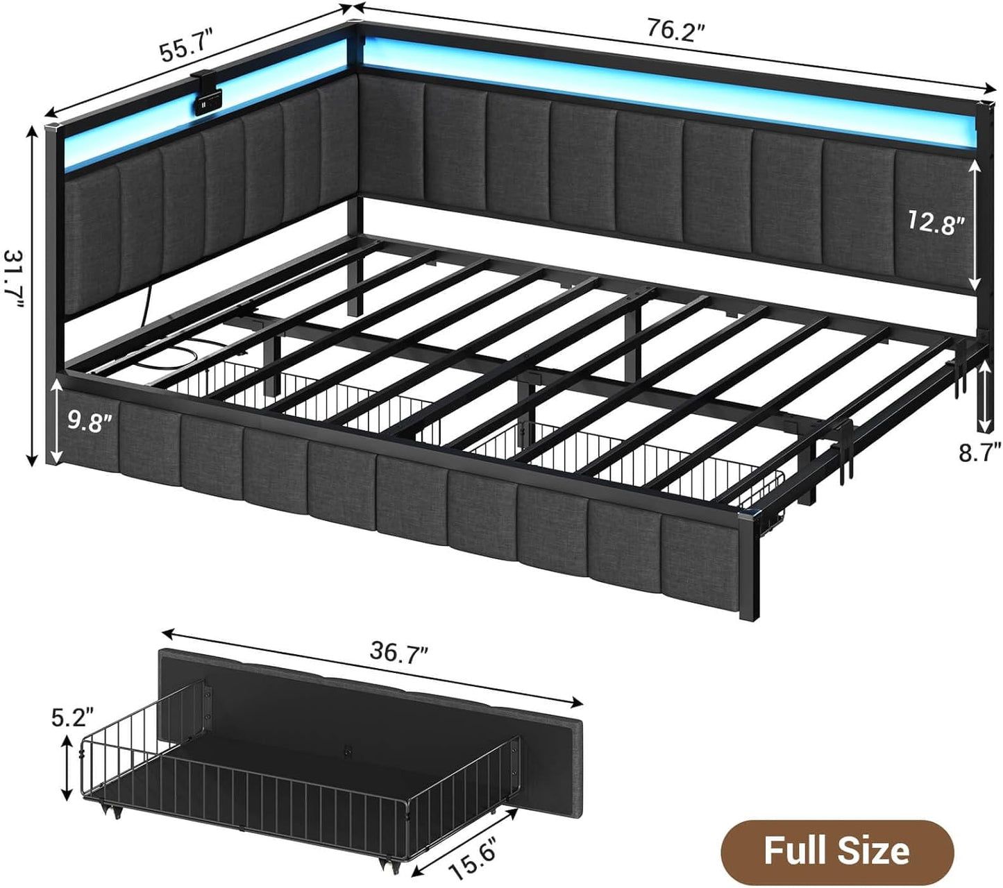 Hasuit Corner Bed Frame with Storage Drawers, Full Daybed with Line Fabric Upholstered Fence, Kids Bed Unit with LED Light and Charging Station, Modern Bed Frame Full Size, Gray