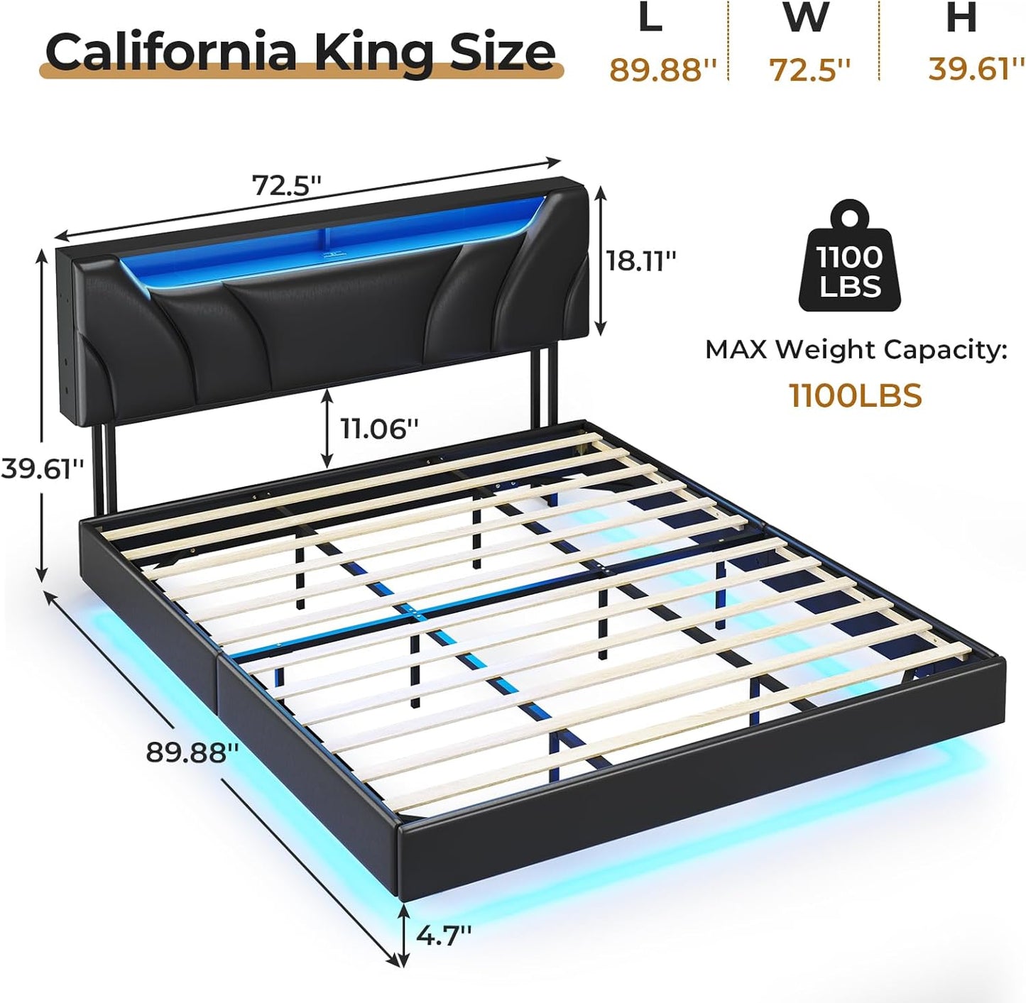 Hasuit California King Bed Frame with Hidden Storage Headboard and Charging Station Cal King Size Floating Bed Frame with Led Lights Upholstered Visual Floating Platform bed,No Box Spring Needed,Black