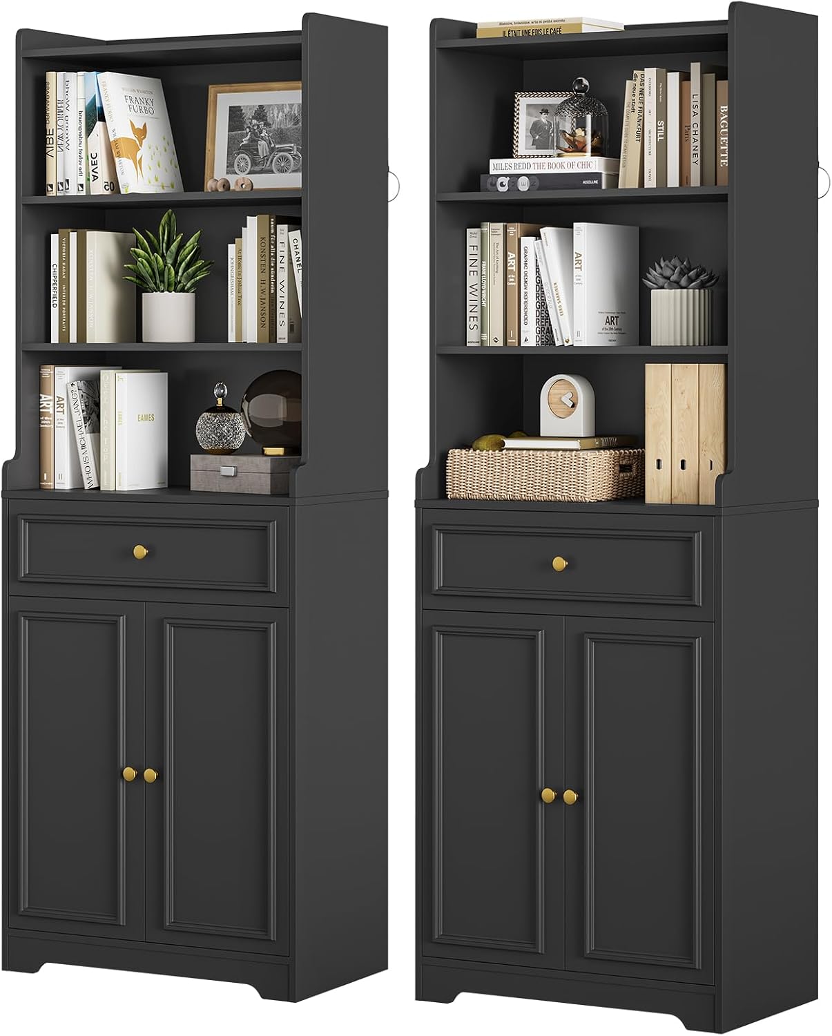 DICTAC Bookcase Set of 2 with Drawer and Doors 73.23''Tall Bookshelf with Storage Shelves Freestanding Storage Cabinet with Microwave Space storage Organizer for Home Office,Living Room,Bathroom,Black