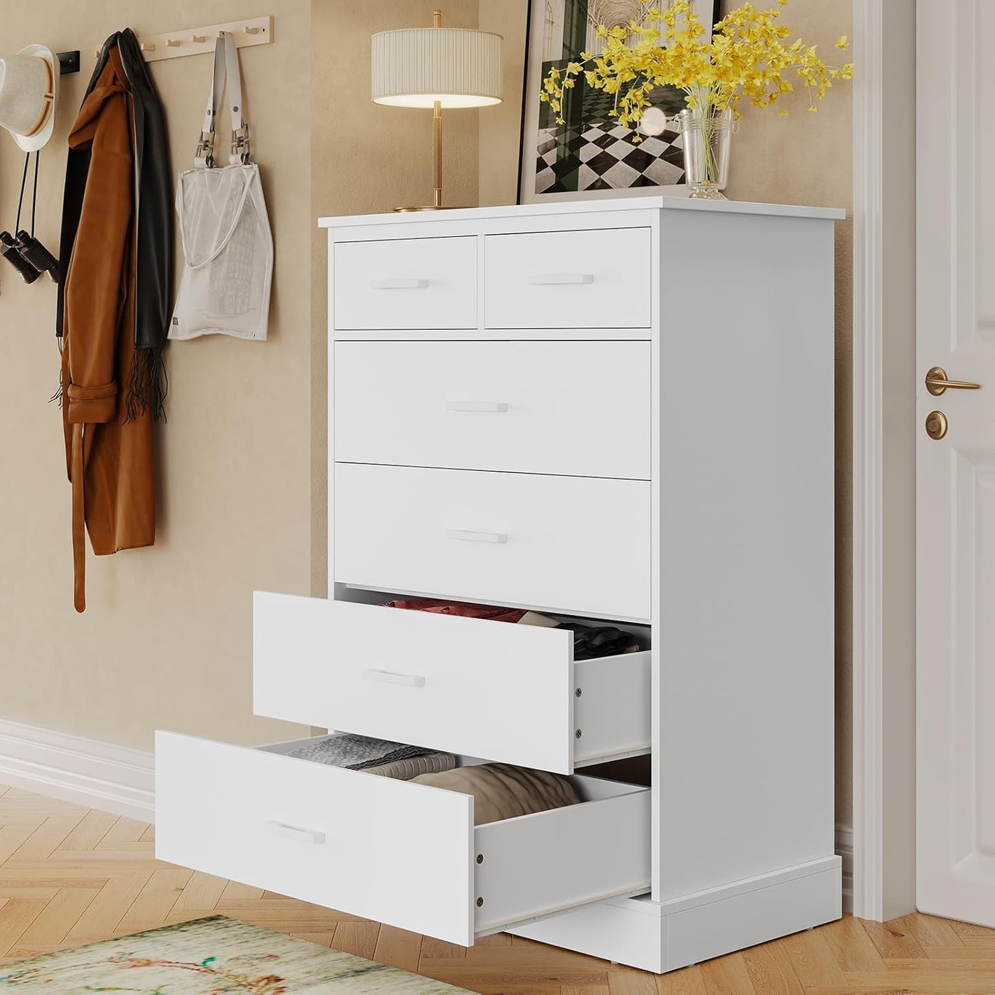 Hasuit White Dresser for Bedroom, 6 Drawers Wood Storage Tower Clothes Organizer, Chest of 6 Drawers, Large Capacity Storage Cabinet, Tall Dresser for Bedroom, Hallway, Entryway
