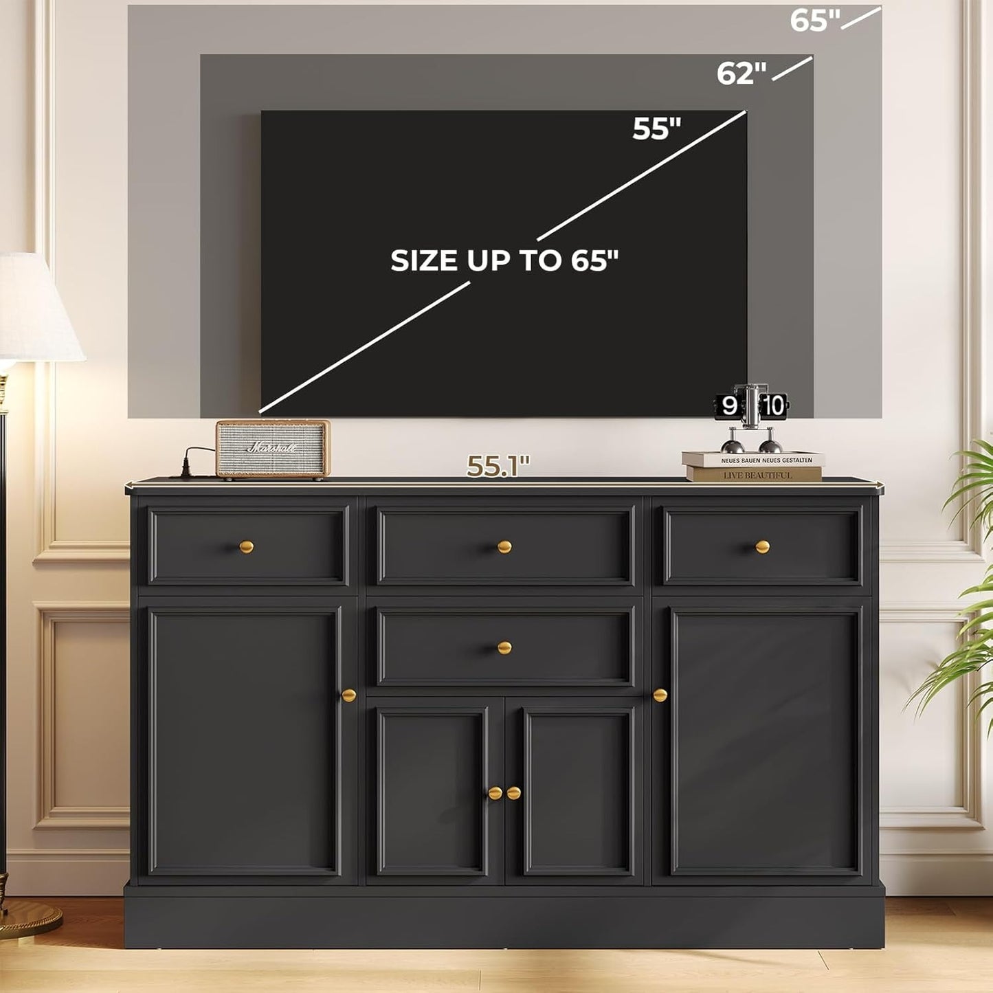 Hasuit 55.1"W Black Kitchen Sideboard Buffet Cabinet with Power Outlets and Storage Drawers