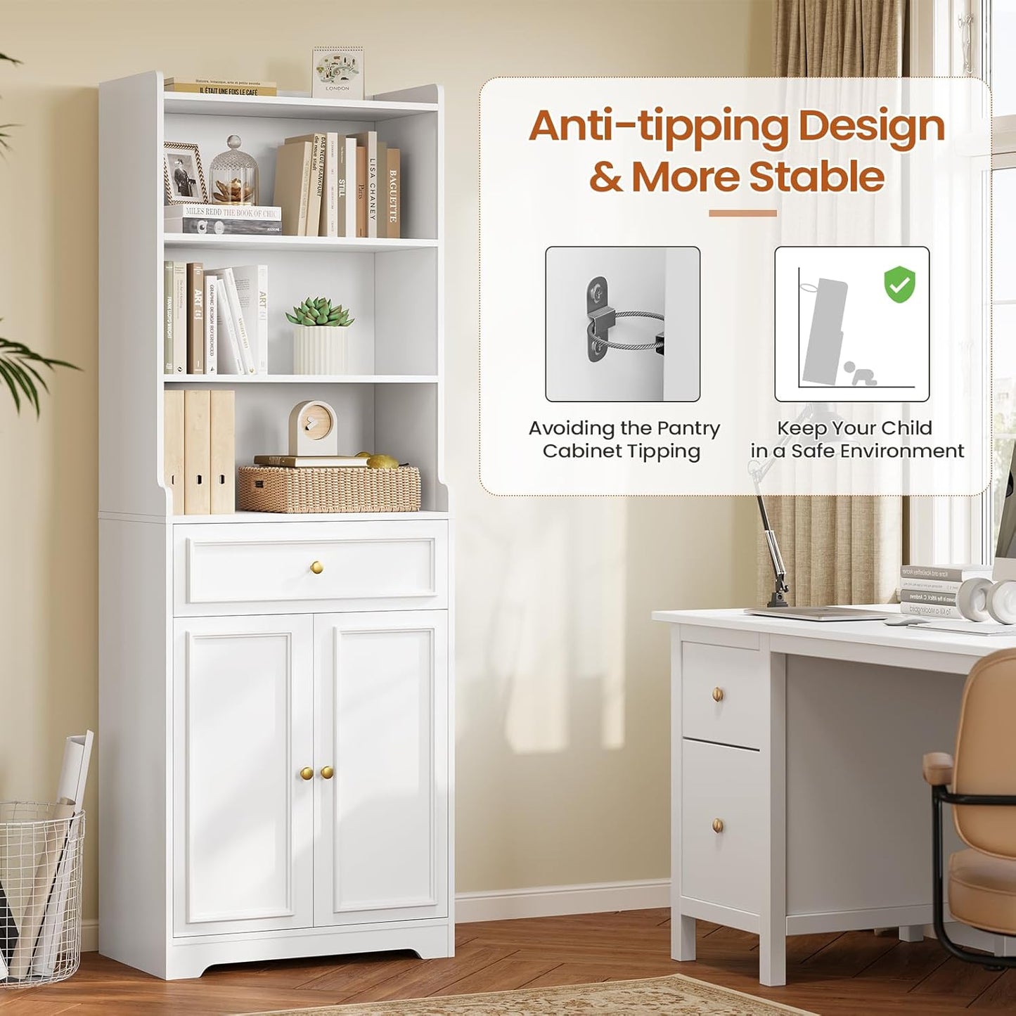 DICTAC Bookcase Set of 2 with Drawer and Doors 73.23''Tall Bookshelf with Open Shelves Freestanding Storage Cabinet with Microwave Space Storage Organizer for Home Office,Living Room,Bathroom,White