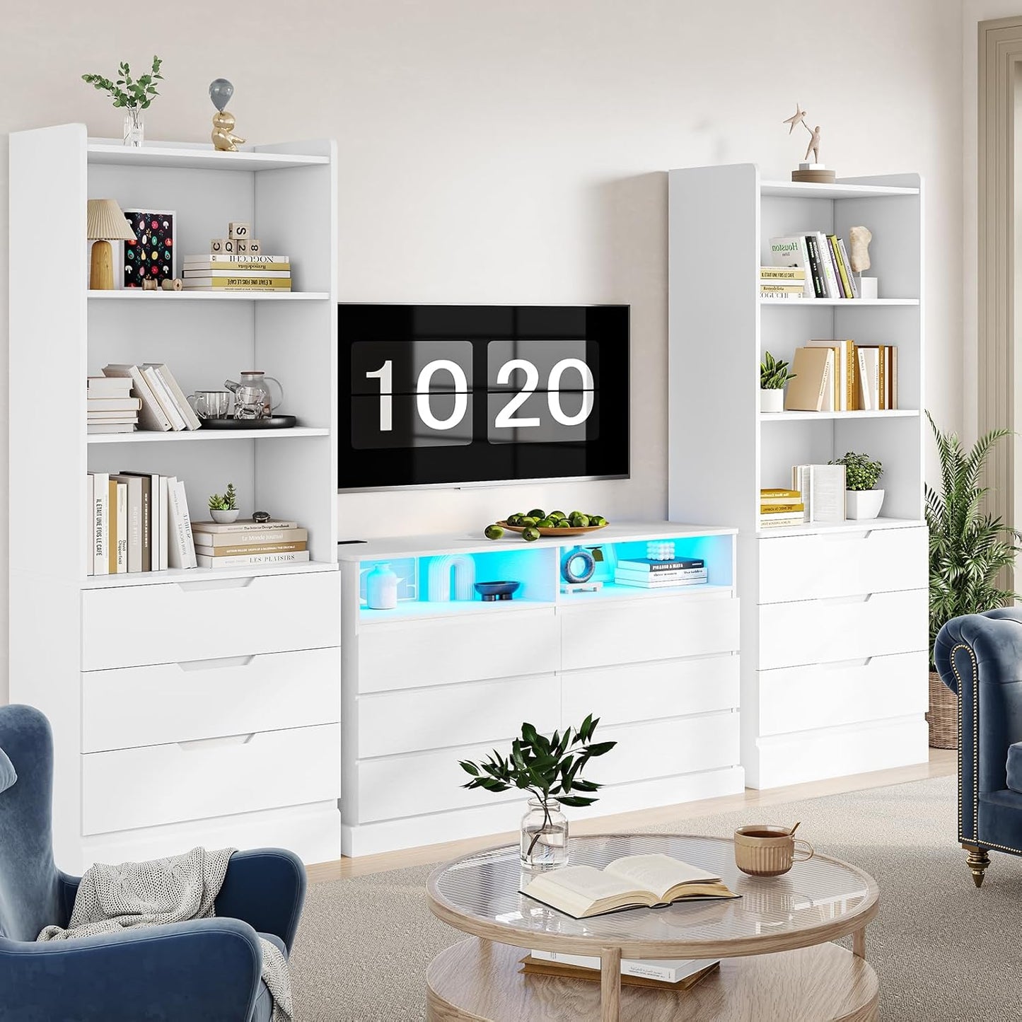 DICTAC 73.23'' Tall Storage Cabinet Bookcase with 3 Drawers and 3-Tier Open Shelves Wooden Bookshelf Kitchen Pantry Storage Organizer Cabinets for Living Room, Study, Kitchen,Bathroom,White