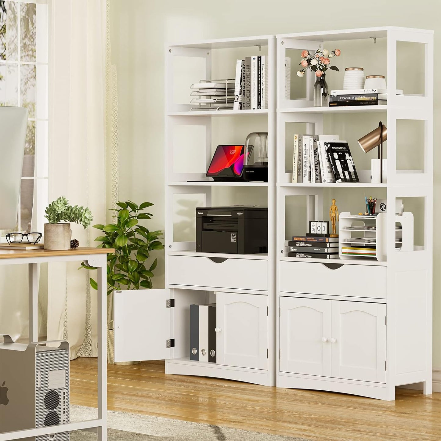 DICTAC Kitchen Pantry Storage Cabinets Freestanding Tall Bathroom Cabinet with Shelves and Drawer 64''H Sideboard Microwave Space Cupboard Organizer for Home Office,White, 23.62x13x64.06inch