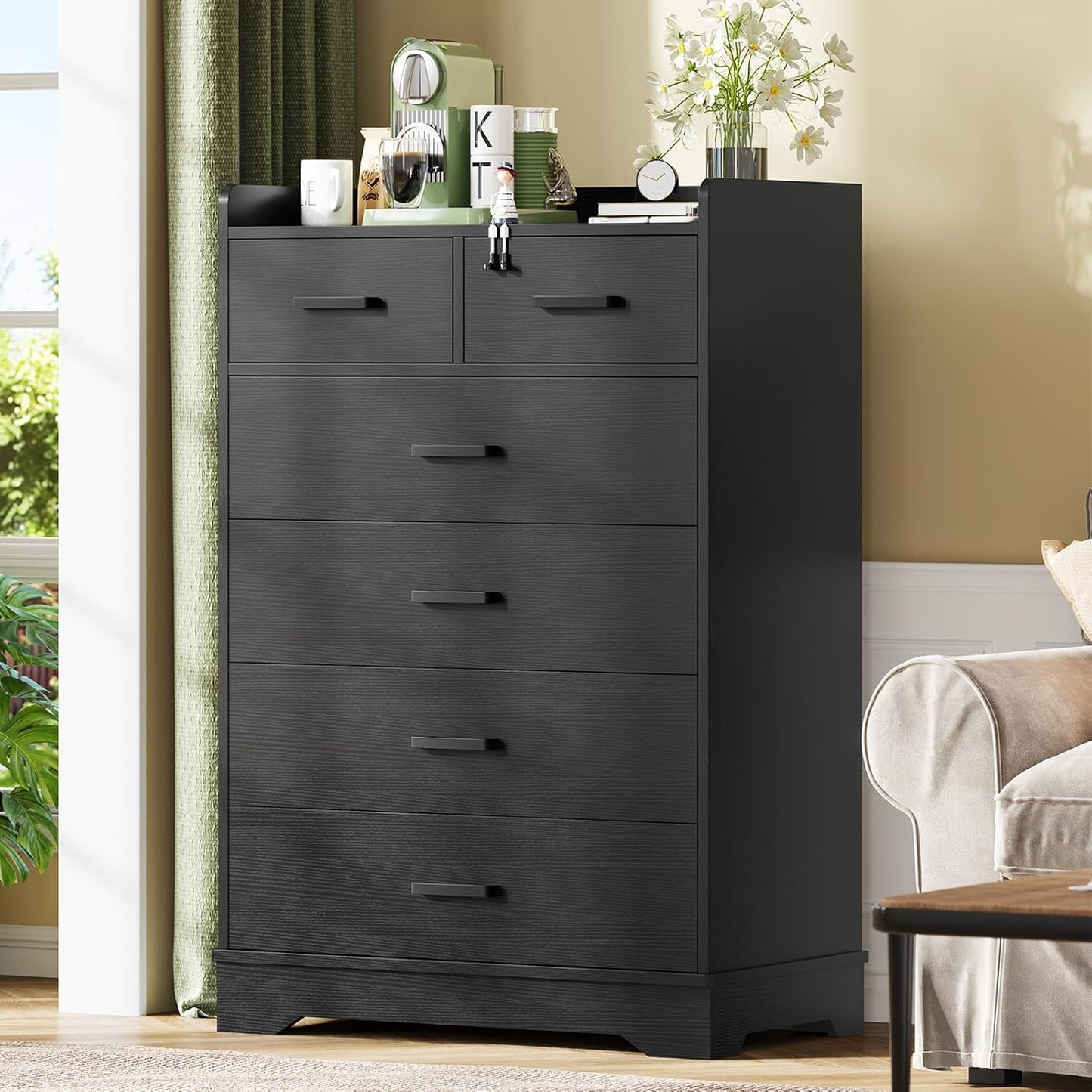 Hasuit Black 6 Drawer Dresser, Wooden Storage Chest of 6 Drawers, Vertical Large Capacity Clothing Storage Organizer, Tall Dressers for Bedroom, Hallway, Entryway