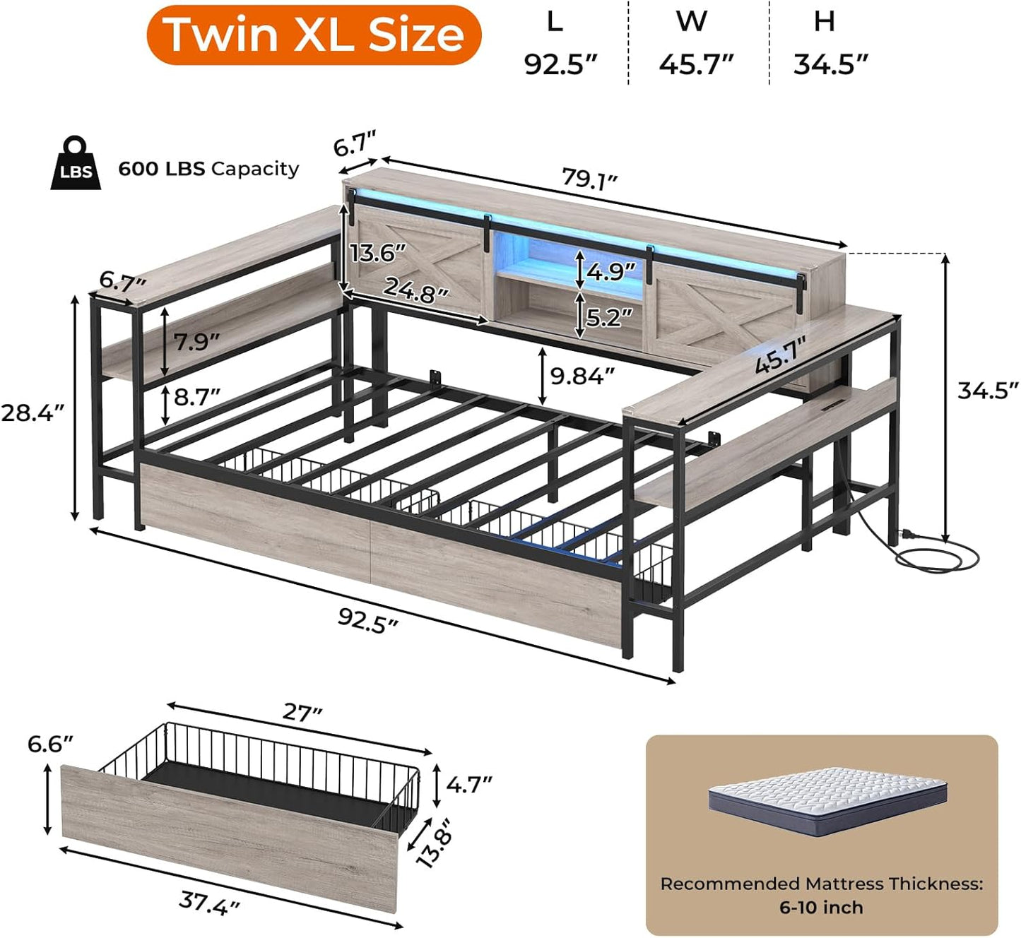 Hasuit Twin XL Corner Bed with Drawers and Bookcase Storage Shelves, Daybed with Charging Station and LED Light, Farmhouse Wooden Bed Frame with Sliding Barn Doors, No Box Spring Needed, Rustic Gray