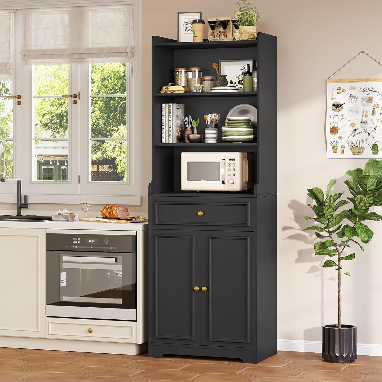 DICTAC Bookcase with Drawers and Doors 73.23'' Tall Bookshelf with Open Shelves Black Freestanding Kitchen Pantry with Microwave Stand Storage Cabinet Organizer for Living Room,Study,Bathroom,Office
