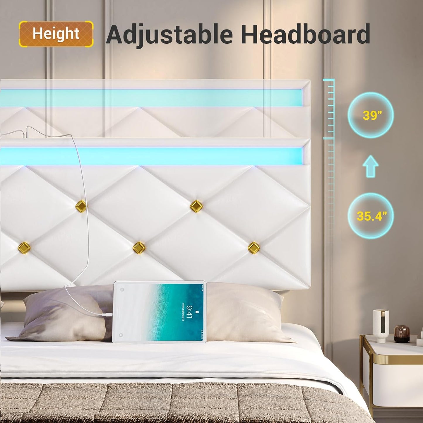 Hasuit Floating Bed Frame Queen Size with LED Lights and Charging Station, Modern Queen Platform Bed with Vegan Leather Upholstered Headboard, No Box Spring Needed, Noise Free, Easy to Assemble