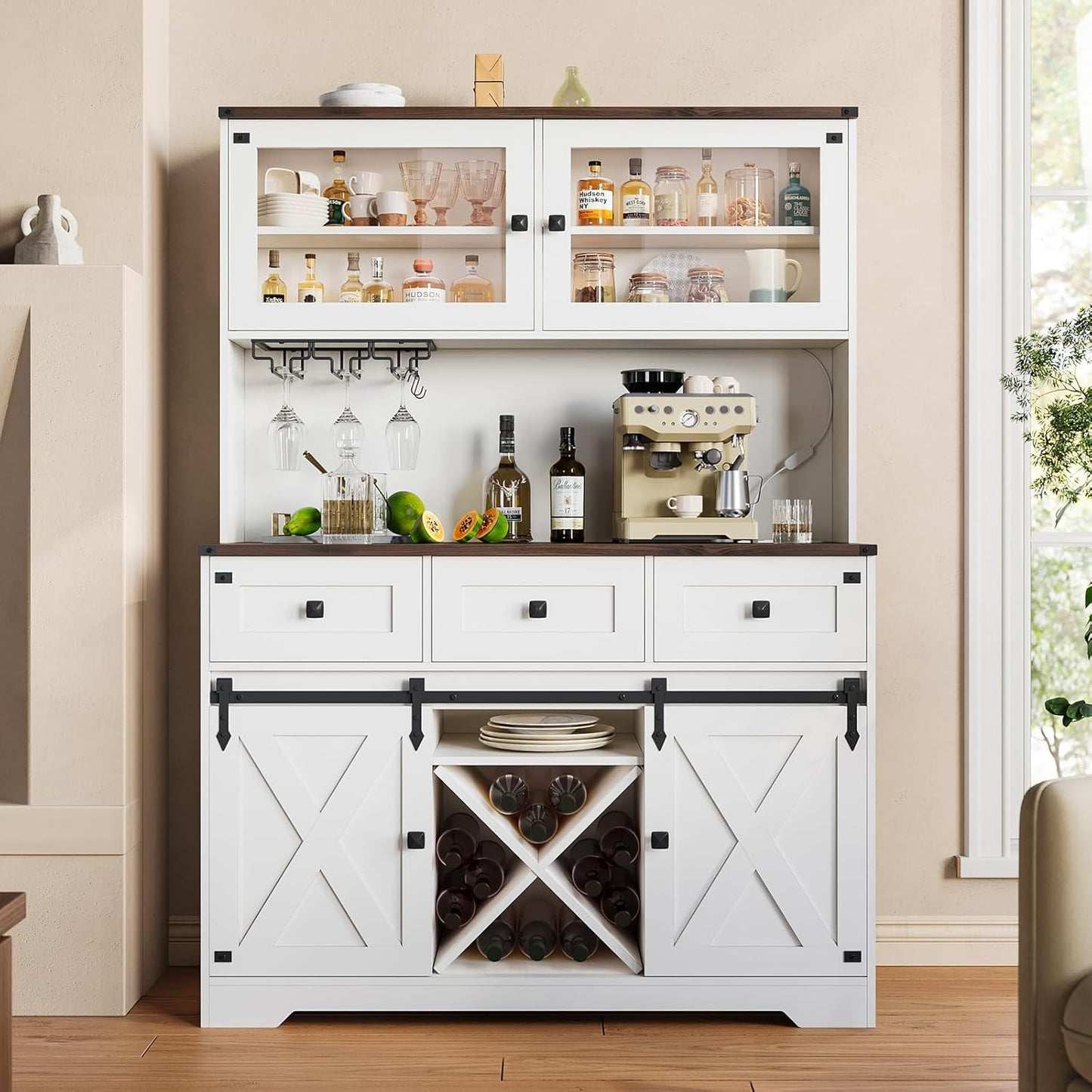 DICTAC Buffet Cabinet with Storage and Charging Station Coffee Bar Station with LED Light Farmhouse Kitchen Sideboard Cabinets with Hutch,Wine Cabinet with Sliding Barn Door and Wine Glass Rack,White