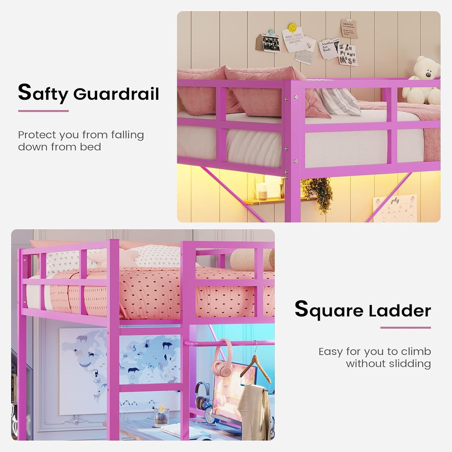 Hasuit Twin Pink Loft Bed with LED Lights, Loft Bed Twin Size with Full-Length Guardrail &Clothes Rack, Heavy Duty Loft Beds Frame, Space-Saving, Noise Free, No Box Spring Needed, Pink