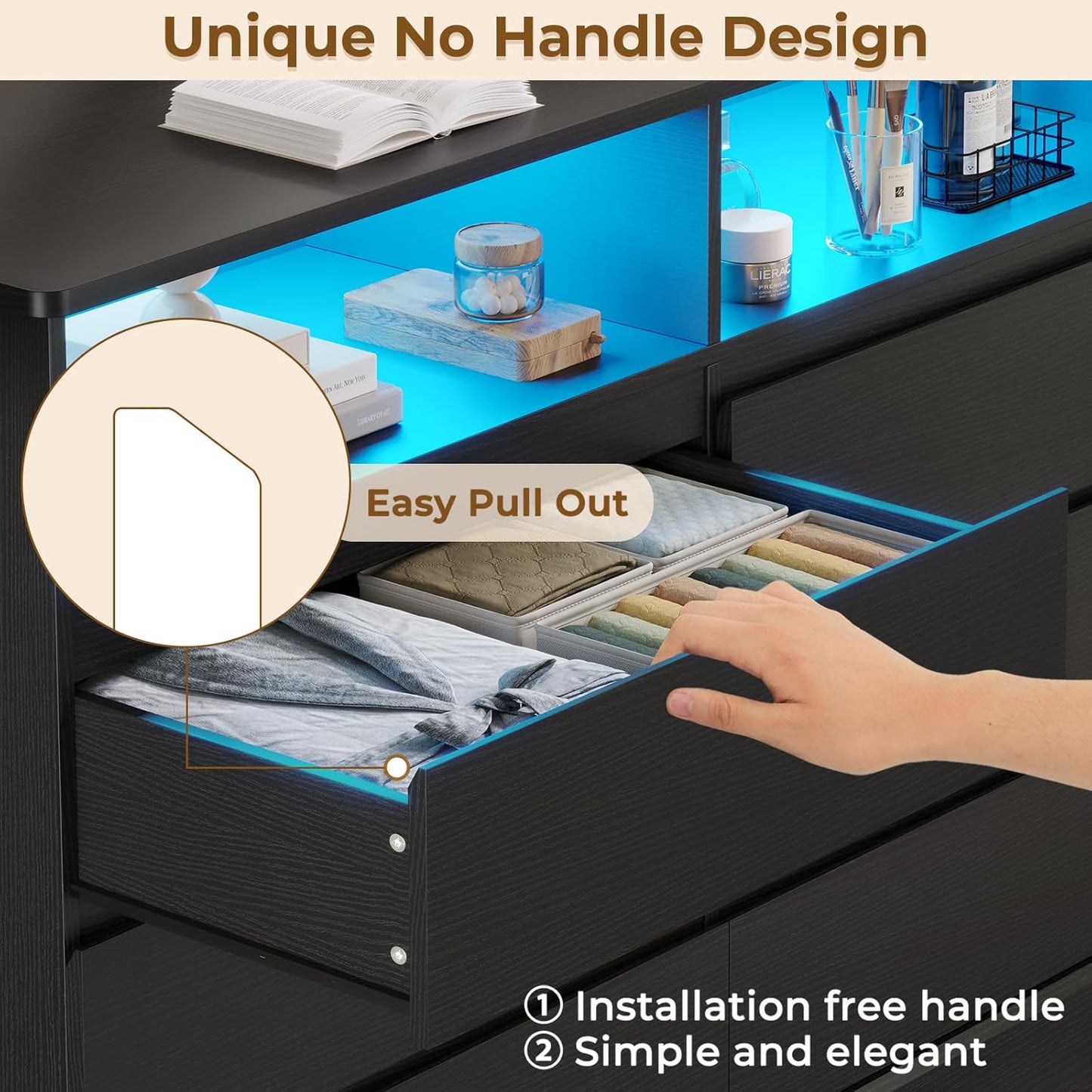 Hasuit Black Dresser for Bedroom with LED Lights and Charging Station, 51.2" Long Dressers Chest of Drawer with Large Drawers and Open Space, Modern 6 Drawer Dresser for Bedroom, Living Room, Entryway