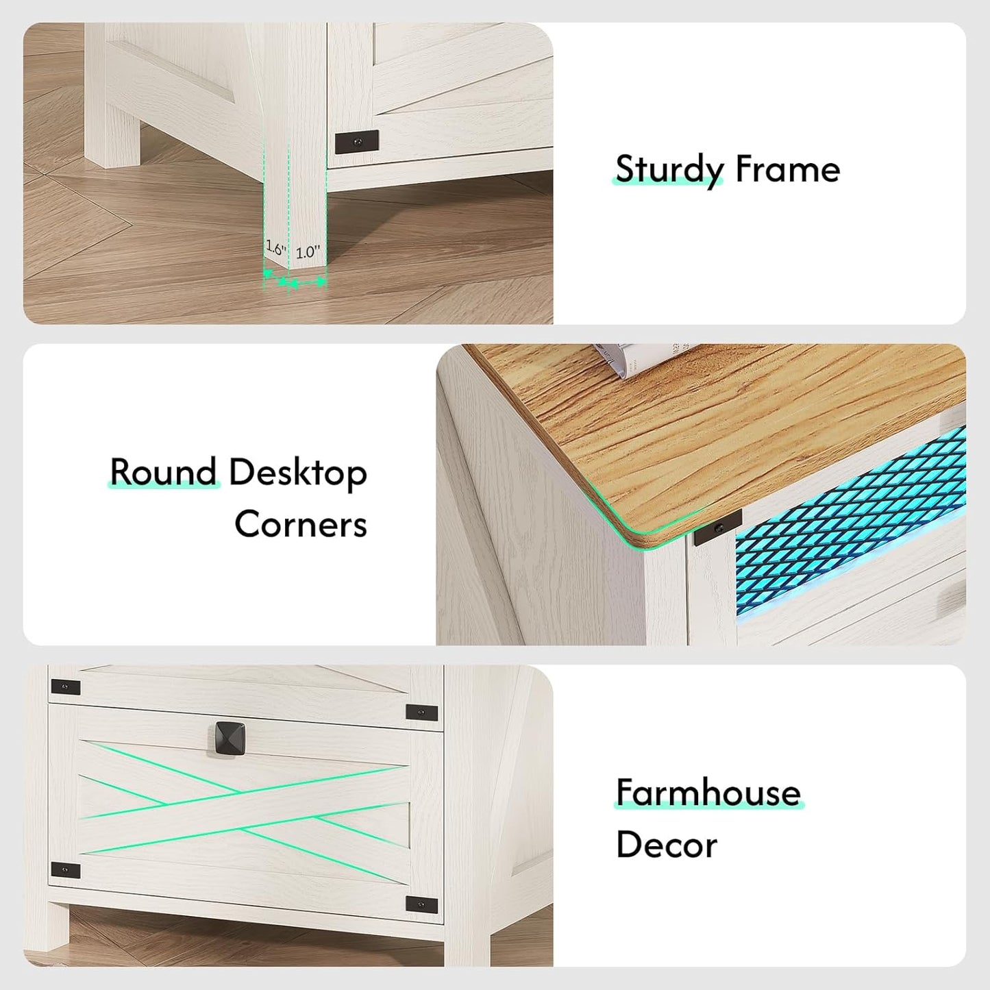Hasuit Farmhouse Night Stand for Bedroom, Rustic Vintage White Nightstand with Charging Station and LED Lights, Bedside Table with 3 Drawers, Retro Side End Table with Storage