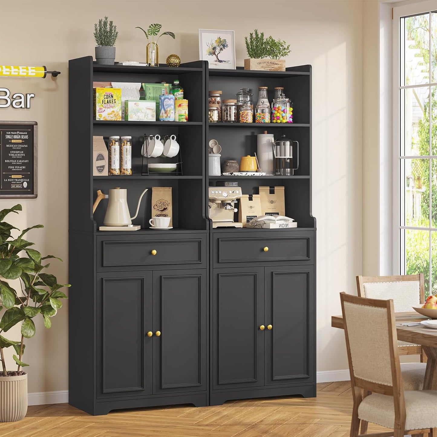 DICTAC Bookcase with Drawers and Doors 73.23'' Tall Bookshelf with Open Shelves Black Freestanding Kitchen Pantry with Microwave Stand Storage Cabinet Organizer for Living Room,Study,Bathroom,Office