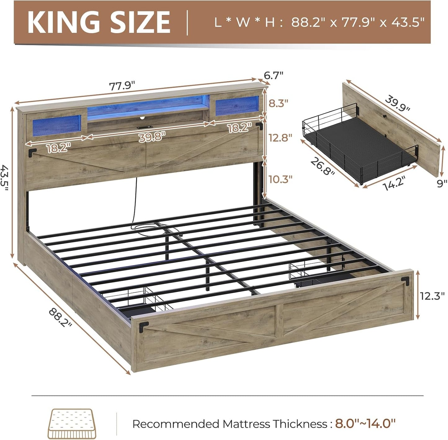 Hasuit Farmhouse Bed Frame King Size with Bookcase Headboard and 2 Drawers, Wooden Platform King Bed with LED Lights and Charging Station, Rustic Accent Headboard with Sliding Door, Rustic Brown