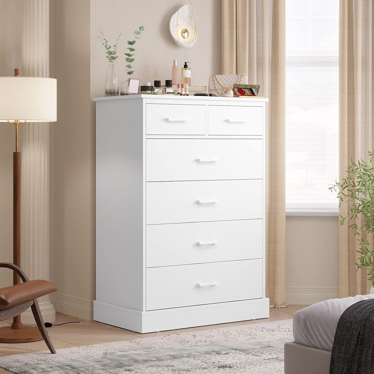 Hasuit White Dresser for Bedroom, 6 Drawers Wood Storage Tower Clothes Organizer, Chest of 6 Drawers, Large Capacity Storage Cabinet, Tall Dresser for Bedroom, Hallway, Entryway