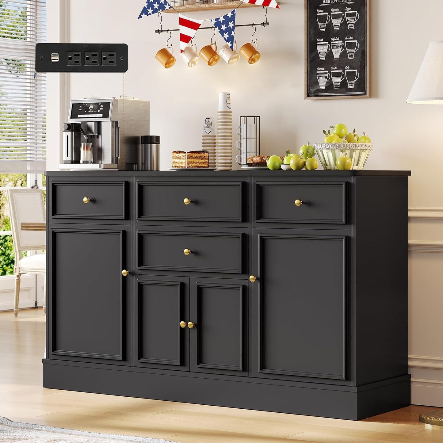 Hasuit 55.1"W Black Kitchen Sideboard Buffet Cabinet with Power Outlets and Storage Drawers
