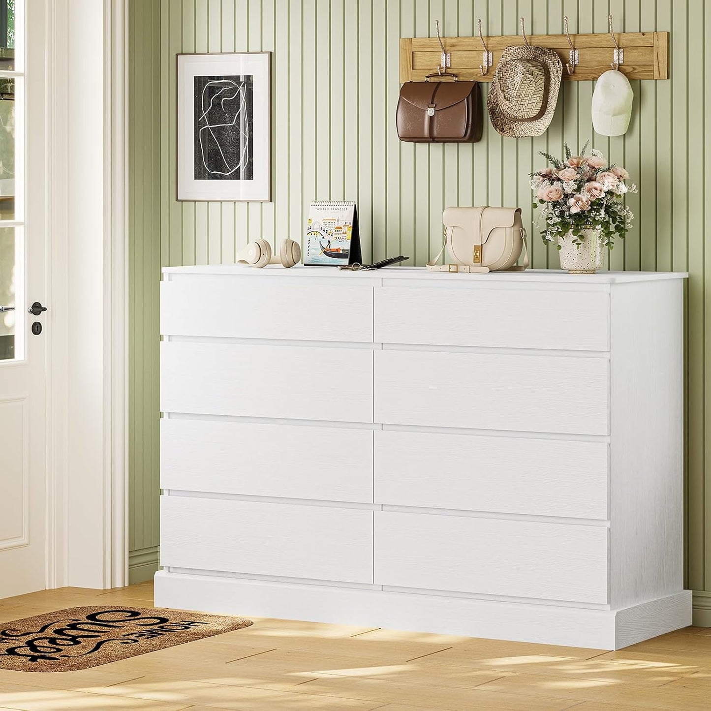 Hasuit White Dresser for Bedroom, Long Dresser with 8 Drawers, 51.5''W Wooden Dresser Chest of 8 Drawers, Large Capacity Clothing Storage Cabinet, Wide Dresser for Bedroom Living Room Entryway