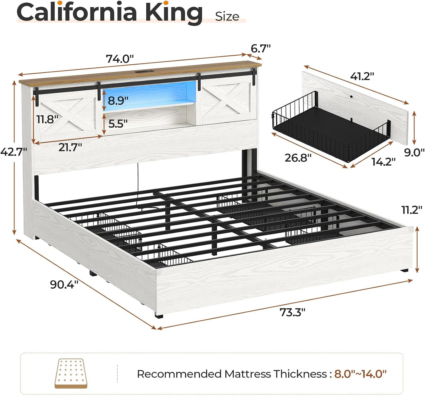 Hasuit Farmhouse Bed Frame California King Size with 4 Storage Drawers, Wooden Platform Cal King Beds with Charging Station and LED Lights, Rustic Bed with Storage Headboard and Sliding Barn Door