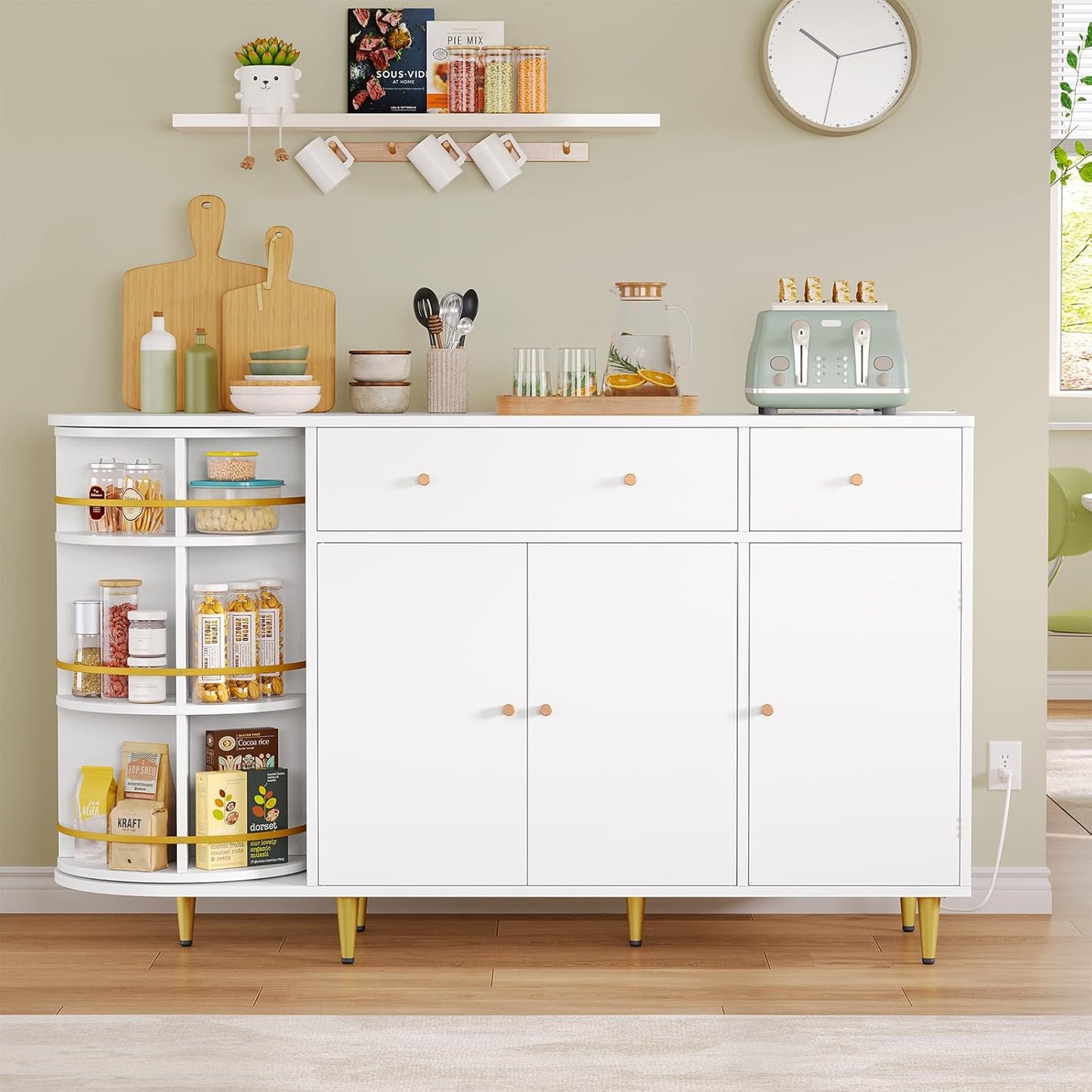 DICTAC White Buffet Cabinet with Storage and Power Outlets, 55" Large Modern Kitchen Sideboard Buffet with Drawers, Cabinet, Rotating Organizer, Trays, Wood Coffee Bar tation for Kitchen
